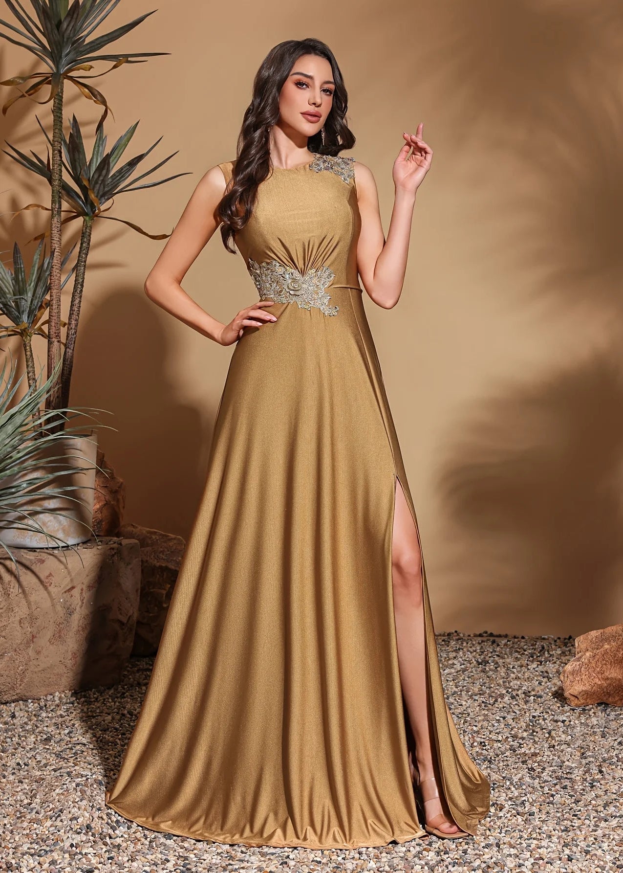 Asymmetrical applique sleeveless round neck slit back floor-length gown, women's long dress, party dress
