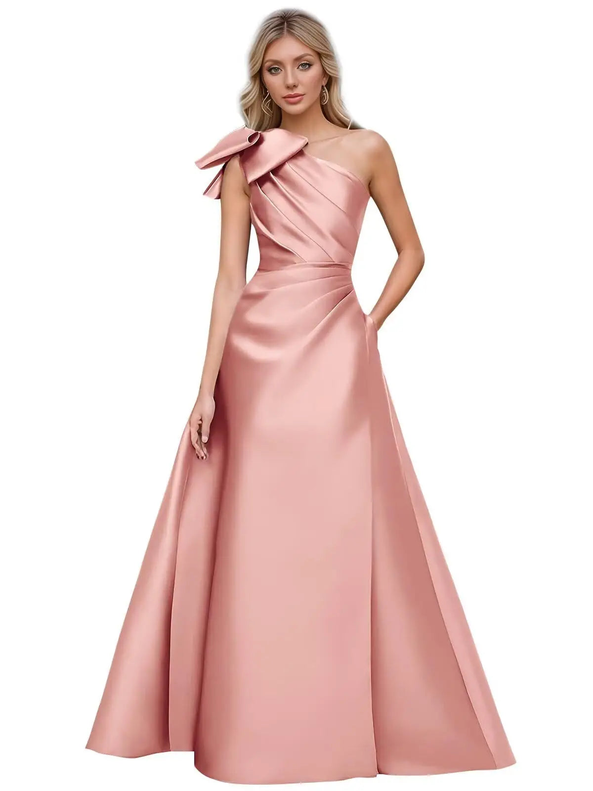 Women’s One Shoulder Prom Dresses Satin Mother of The Bride Dresses A Line Modest Formal Evening Gown with Bow