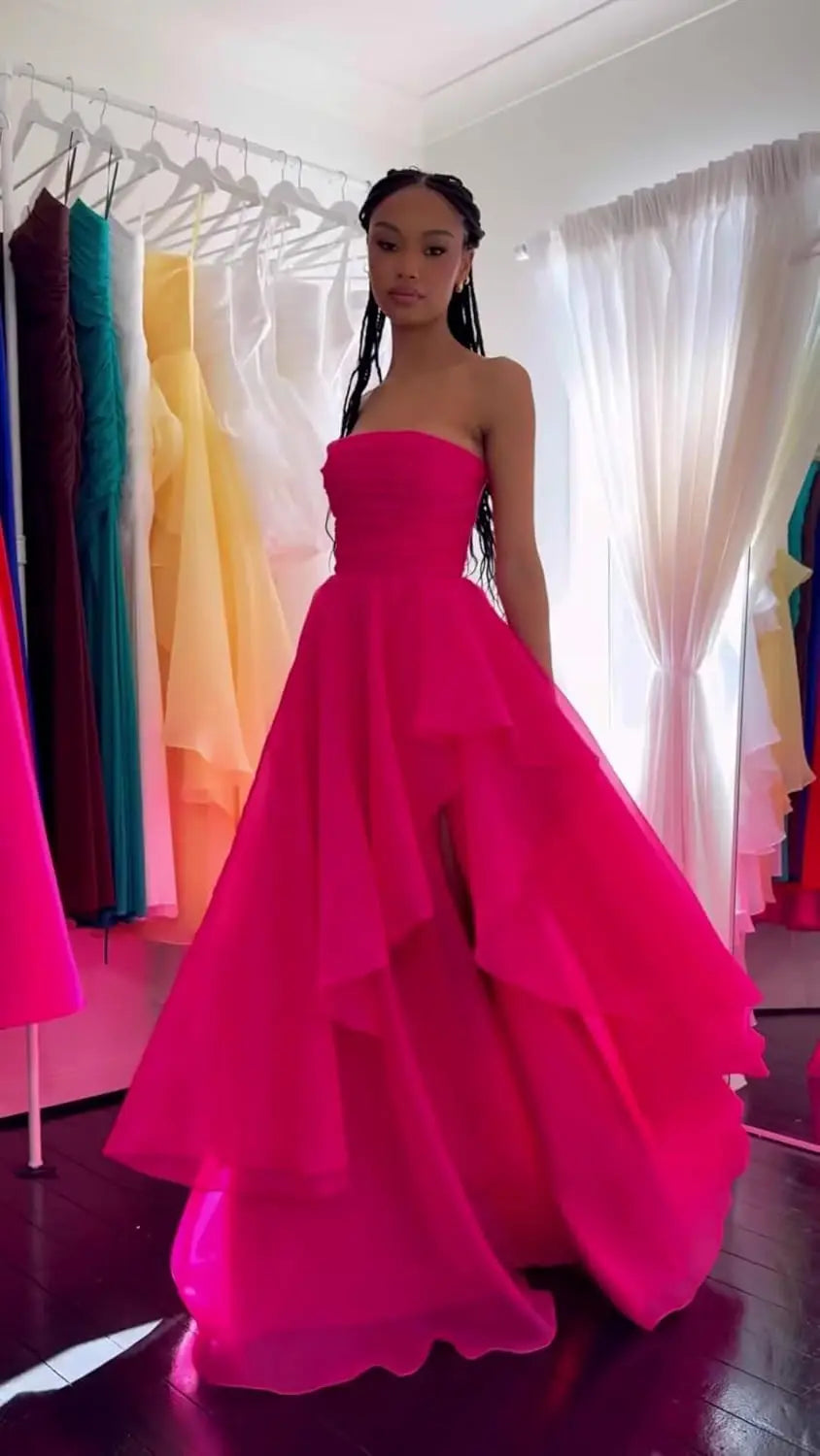 Strapless Tiered Prom Dresses Long Ruffle Tulle A Line Evening Ball Gown Dresses with Slit