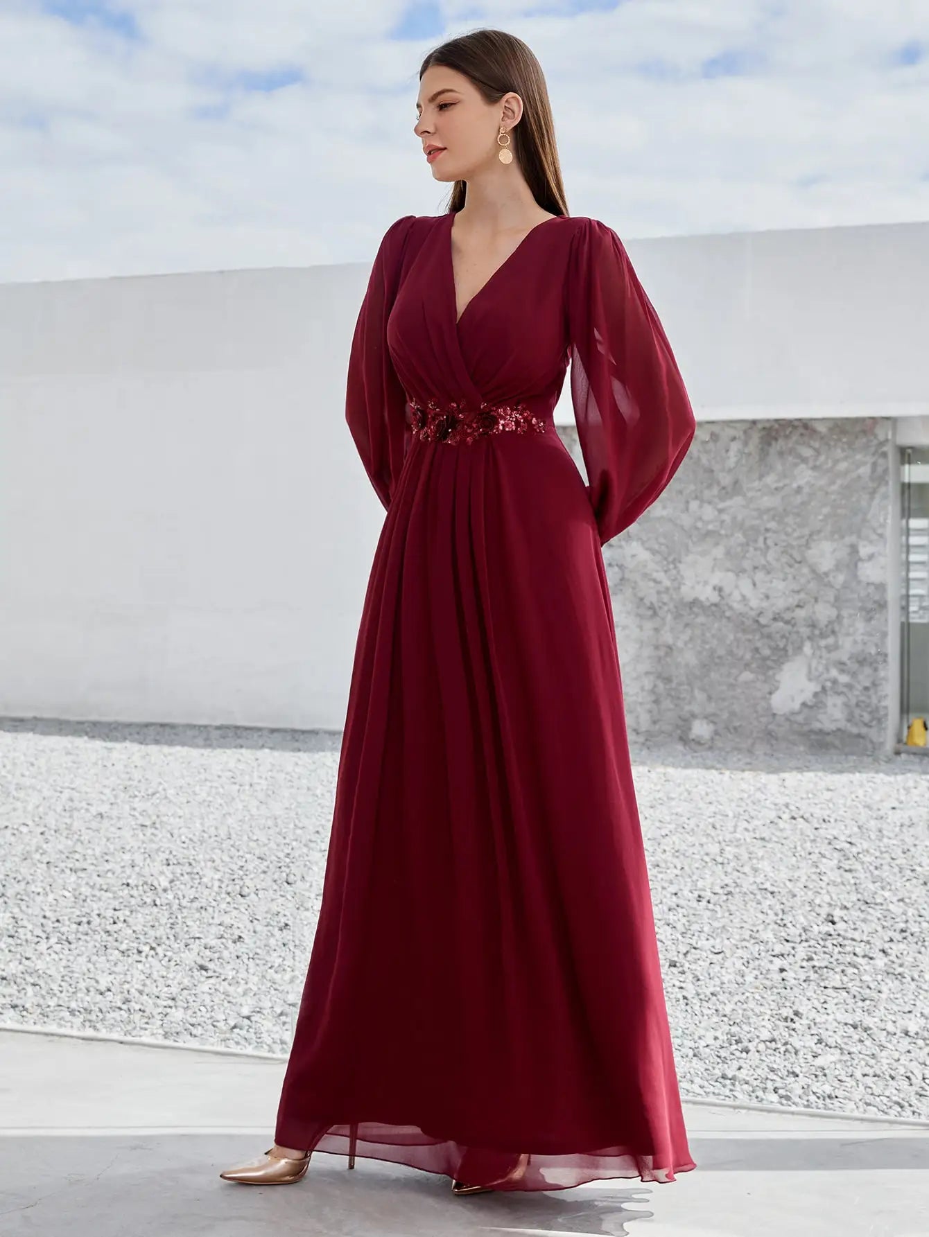 Mgiacy V-neck long sleeve beaded print extra long chiffon Dress