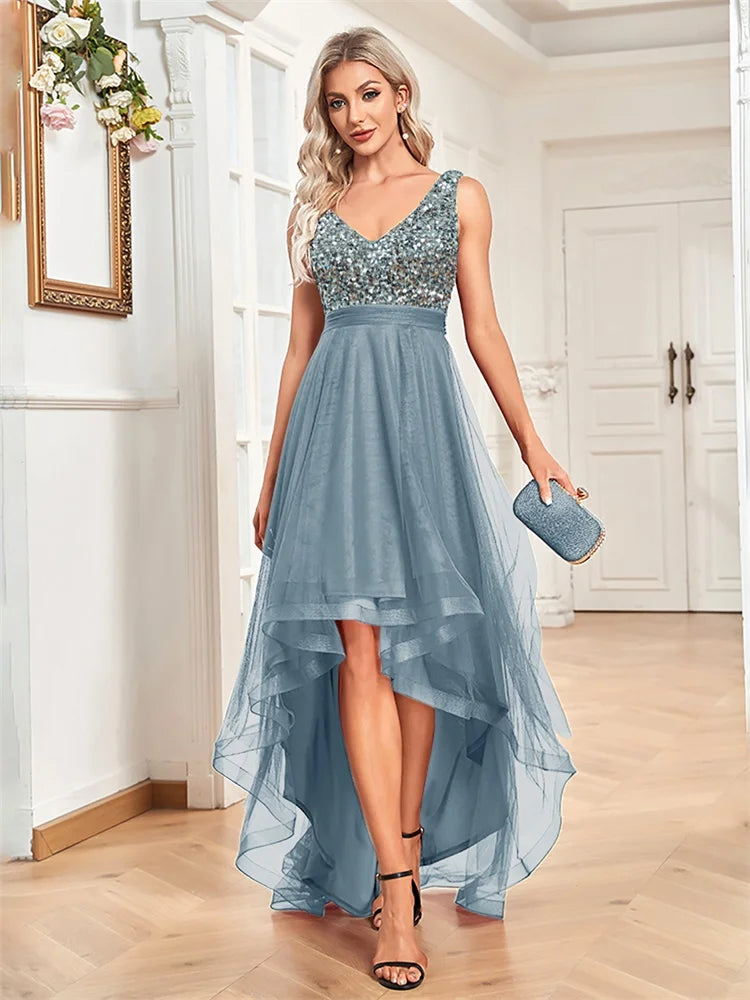 Elegant Women Sleeveless Sequins V-Back Floor Length Formal Evening Dresses Luxury V-neck Wedding Party Cocktail Gowns