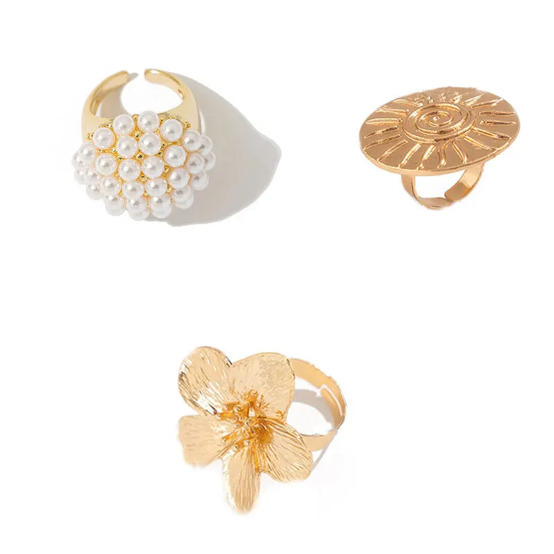 Salircon Vintage Ethnic Sun Pattern Flower Petal Rings Women Elegant Small Ball Imitation Pearl Finger Adjustable Ring Jewelry