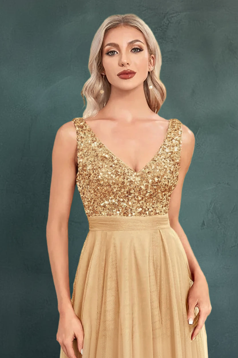 Elegant Women Sleeveless Sequins V-Back Floor Length Formal Evening Dresses Luxury V-neck Wedding Party Cocktail Gowns