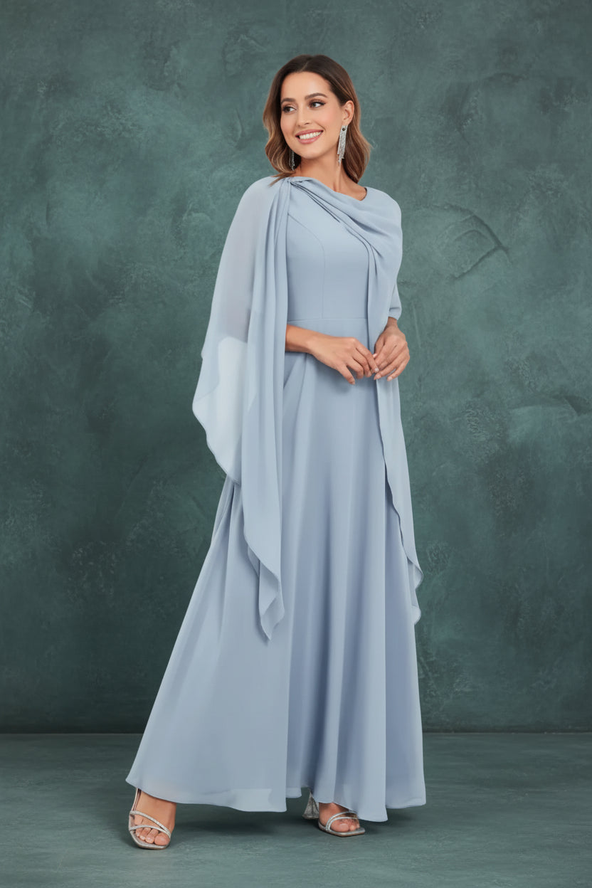 Scoop Neck Mother of The Bride Dresses Cape Shawl Ruffle Long Formal Evening Gowns Chiffon A Line Wedding Guest Bridesmaid Dress
