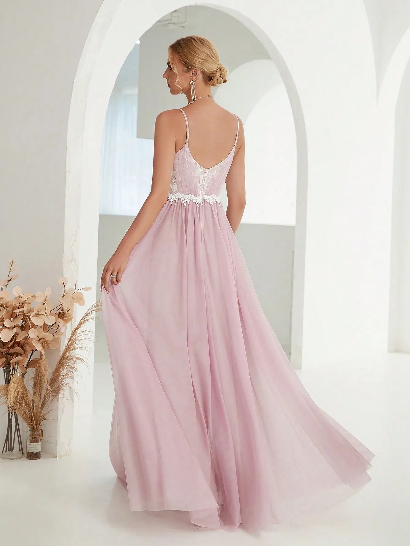 Mgiacy Halter mesh cross folding lace contrasting long dress