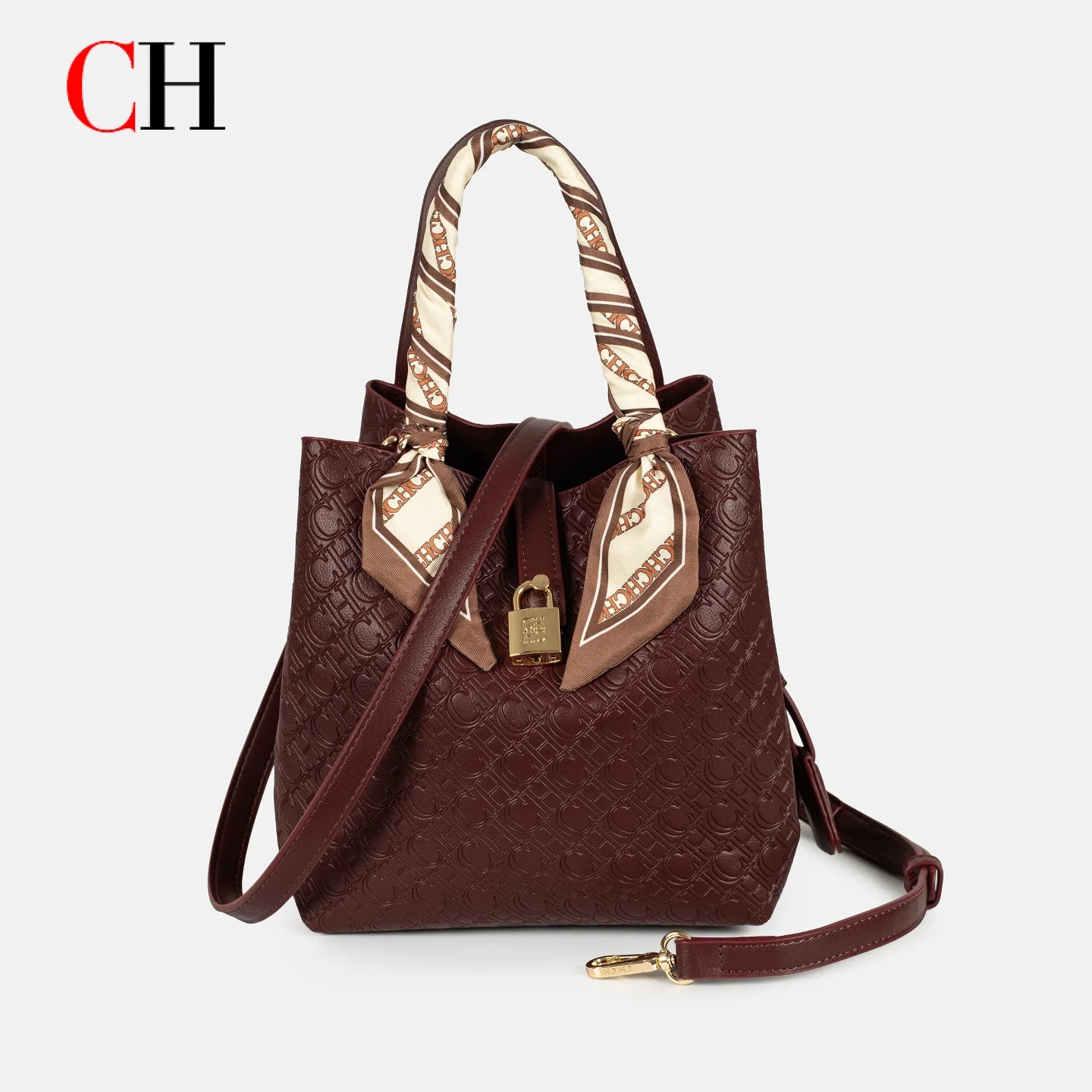 CH Womens Embossed Leather Bucket Bag with Silk Scarf Lock Decor Luxury Designer Handbag Large Capacity Crossbody Tote