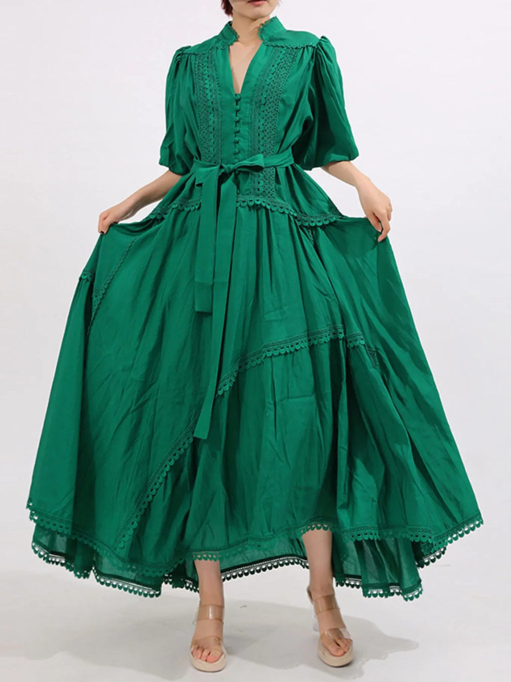 Lace Detail Notched Puff Sleeve Maxi Dress - TrendNest