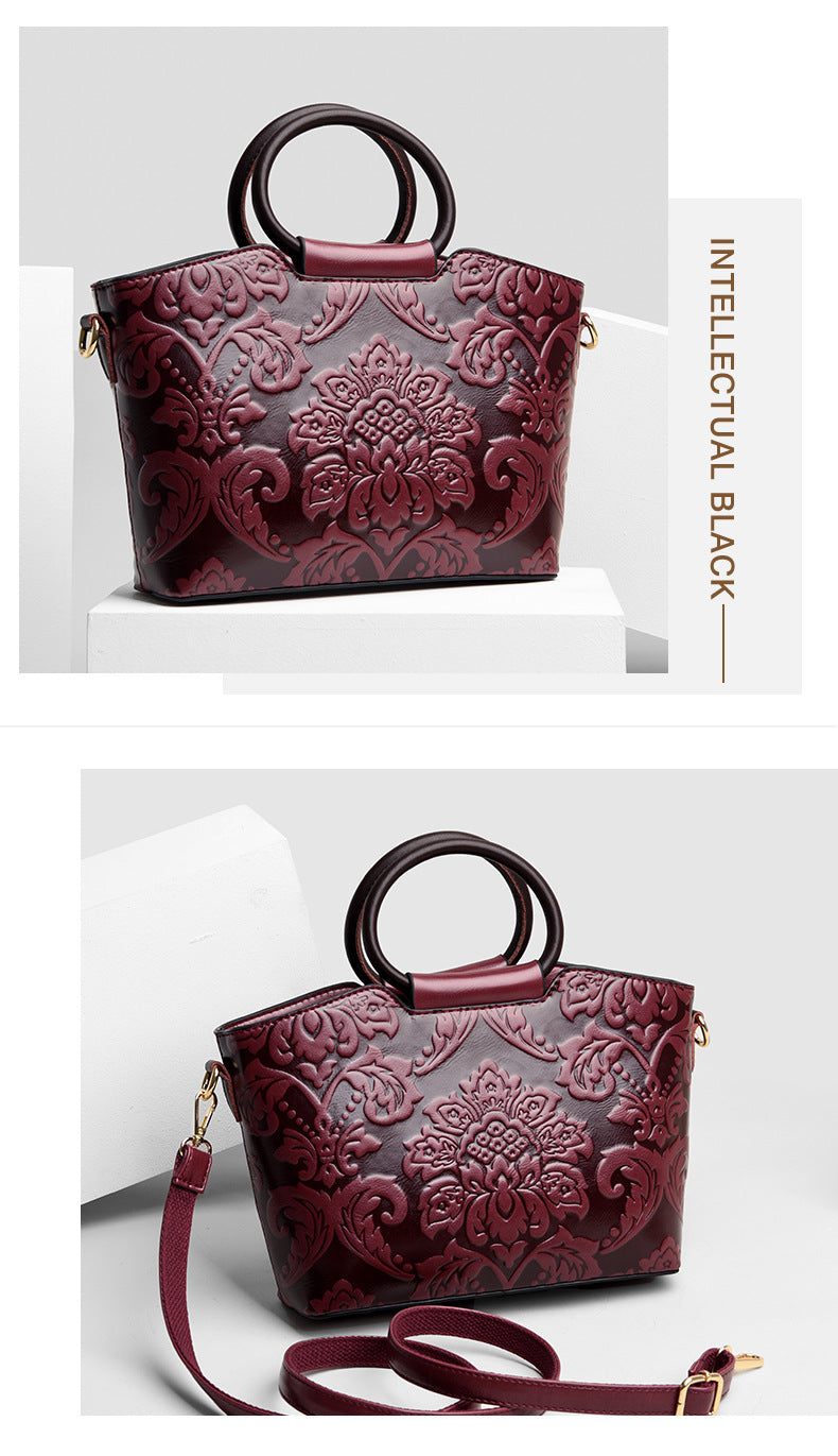 Vintage Embossed Leather Tote Bag for Women