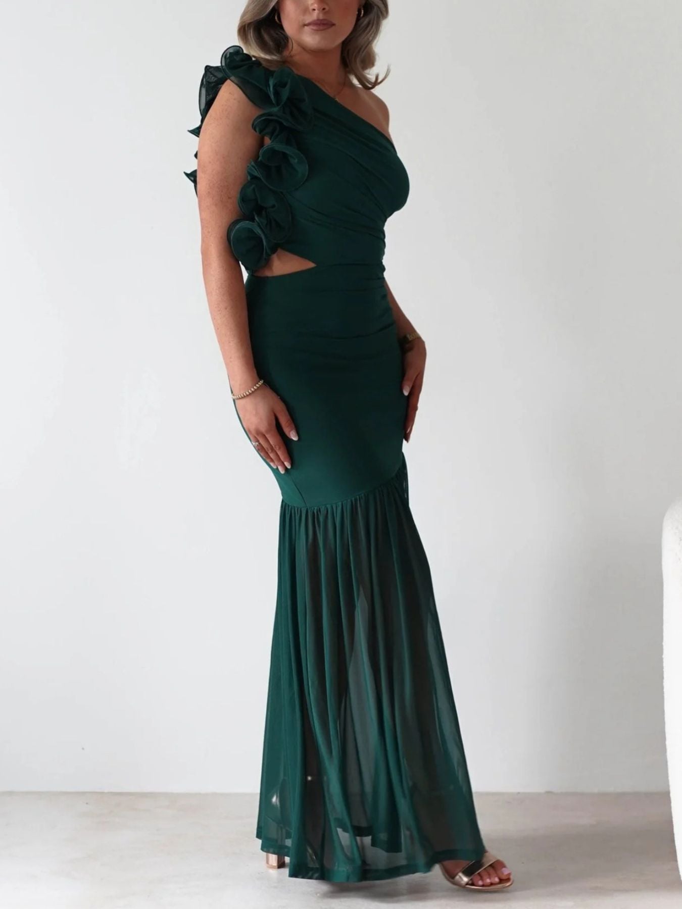 One - Shoulder Ruffle Trim Maxi Dress - TrendNest