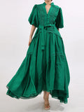 Lace Detail Notched Puff Sleeve Maxi Dress - TrendNest