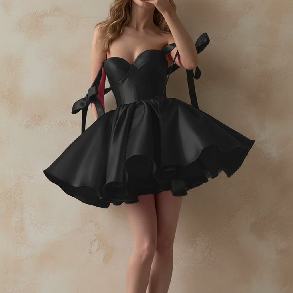 SHANDUAO Short Prom Dress with Bow Sweetheart Cocktail Dress with Bow Satin Short Evening Party Dress for Women Bow Short Homecoming Dresses Black-12