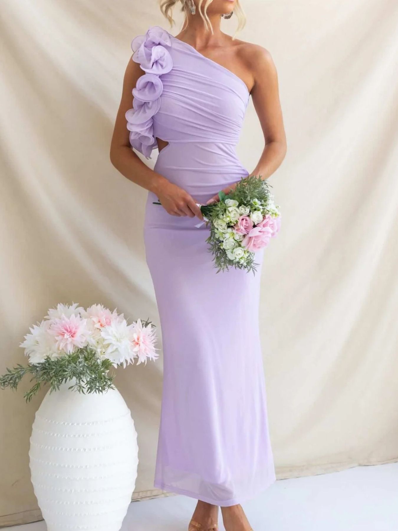 One - Shoulder Floral Trim Sleeveless Maxi Dress - TrendNest
