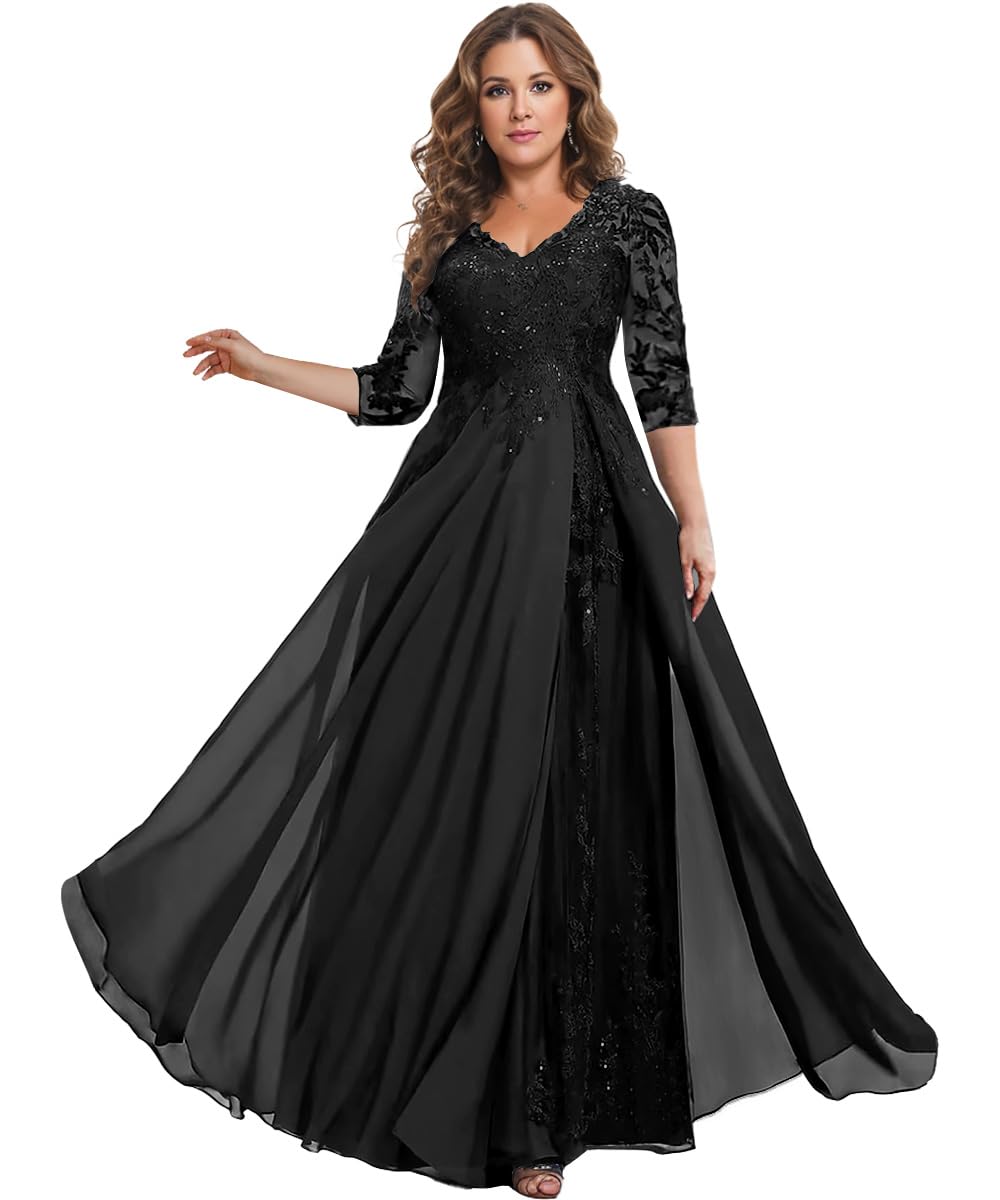 HANVAIOS 3/4 Sleeve Plus Size Wedding Guest Dress Black Lace Chiffon V Neck Mother of The Bride Dresses for Wedding Size 16W