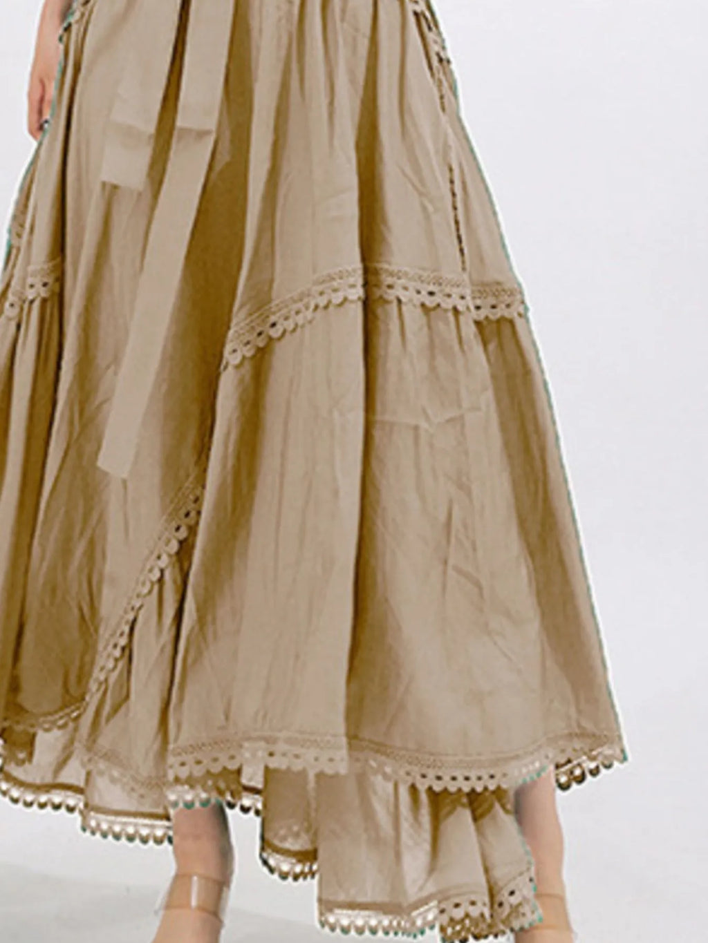 Lace Detail Notched Puff Sleeve Maxi Dress - TrendNest