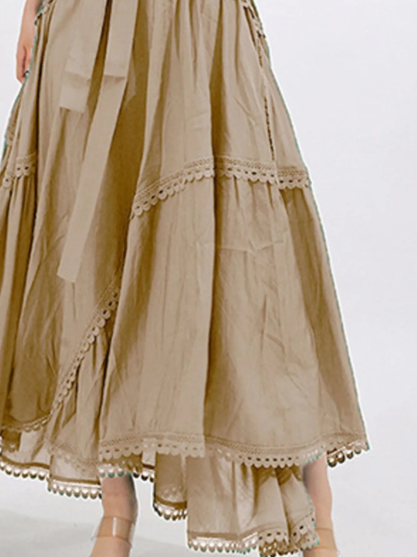 Lace Detail Notched Puff Sleeve Maxi Dress - TrendNest