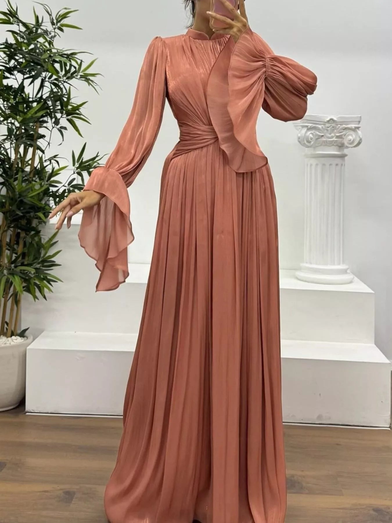 Pleated Mock Neck Long Sleeve Maxi Dress - TrendNest