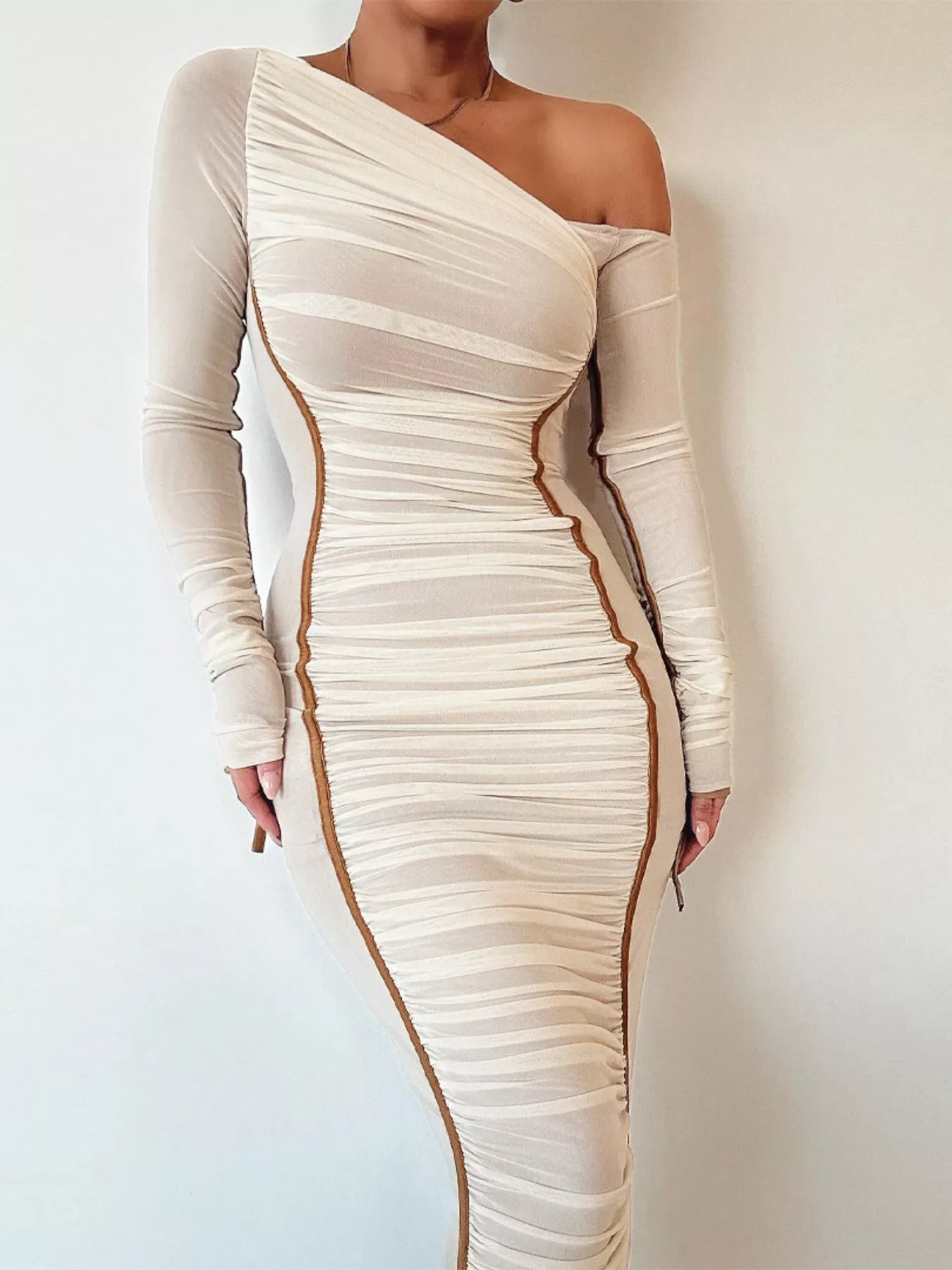 One - Shoulder Ruched Bodycon Midi Dress - TrendNest