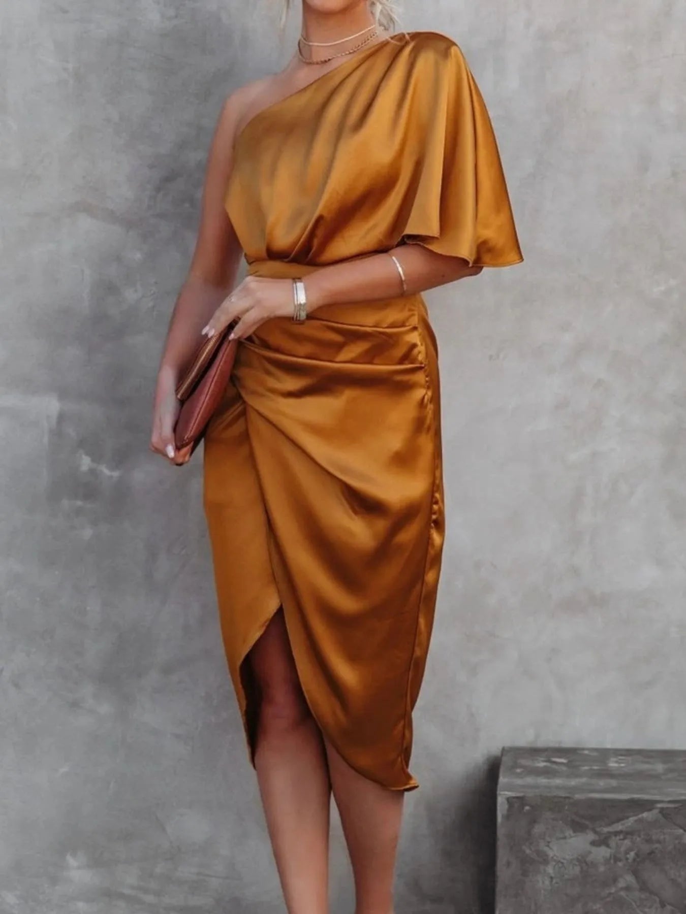 One - Shoulder Satin Wrap Dress with Side Slit - TrendNest