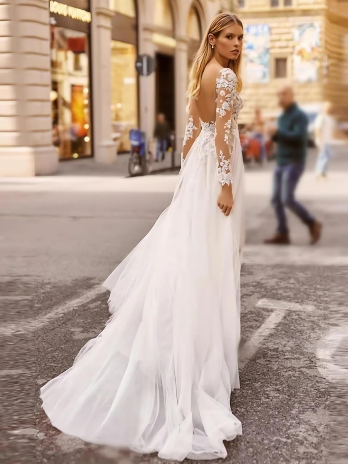 A-Line Wedding Dresses for Bride 2024 with Slit Long Sleeves Tulle Bridal Gowns Bride Dresses Ivory 18 plus Size