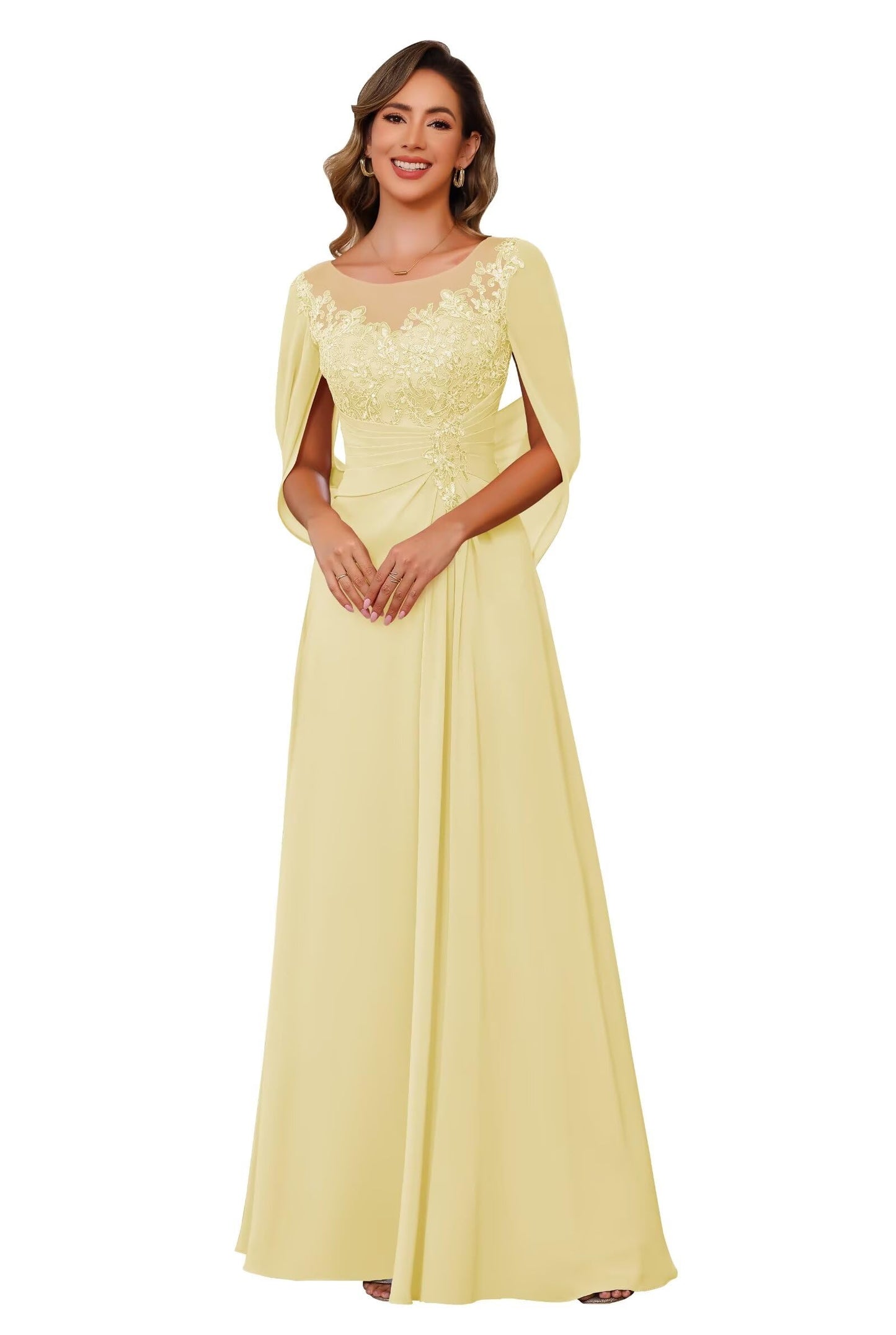 RSOETOO A-line Long Sequin Mother of The Bride Dresses with Jacket Scoop Neck Evening Dress for Women Lace Chiffon Plus Size Formal Gown Yellow 22w