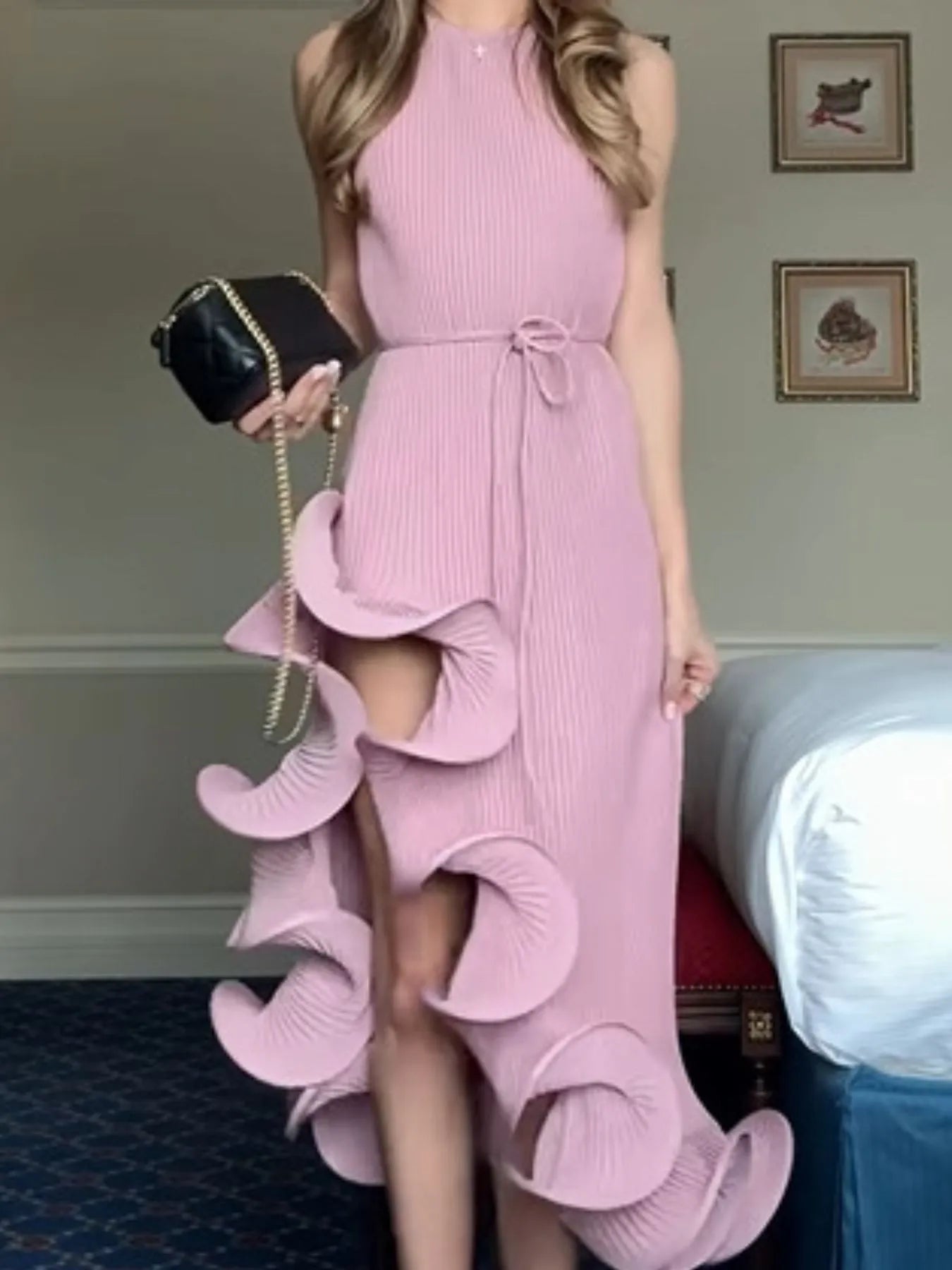 Ruffle Hem Ribbed Sleeveless Dress - TrendNest