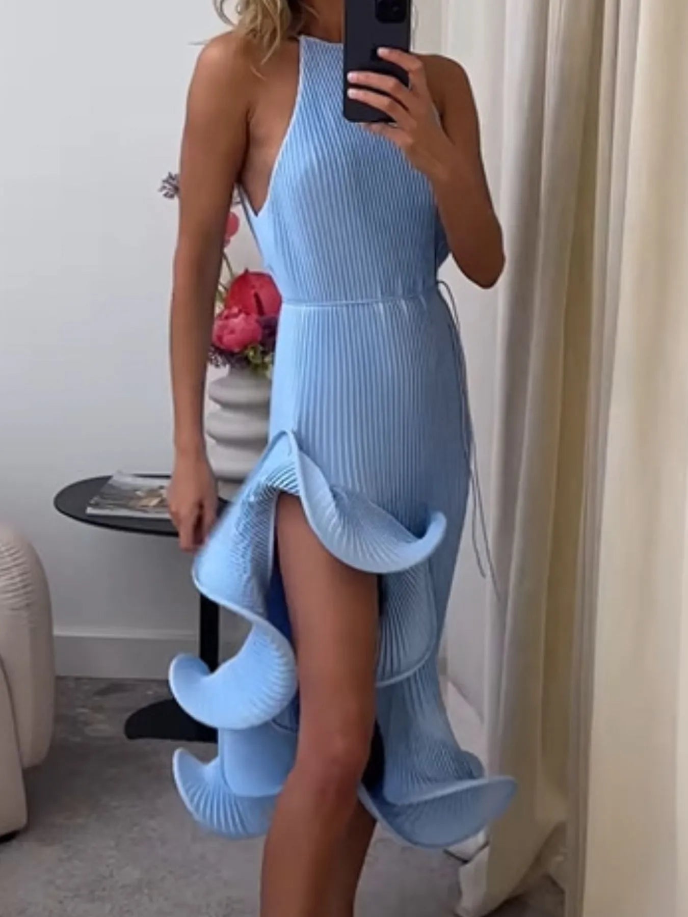 Ruffle Hem Ribbed Sleeveless Dress - TrendNest