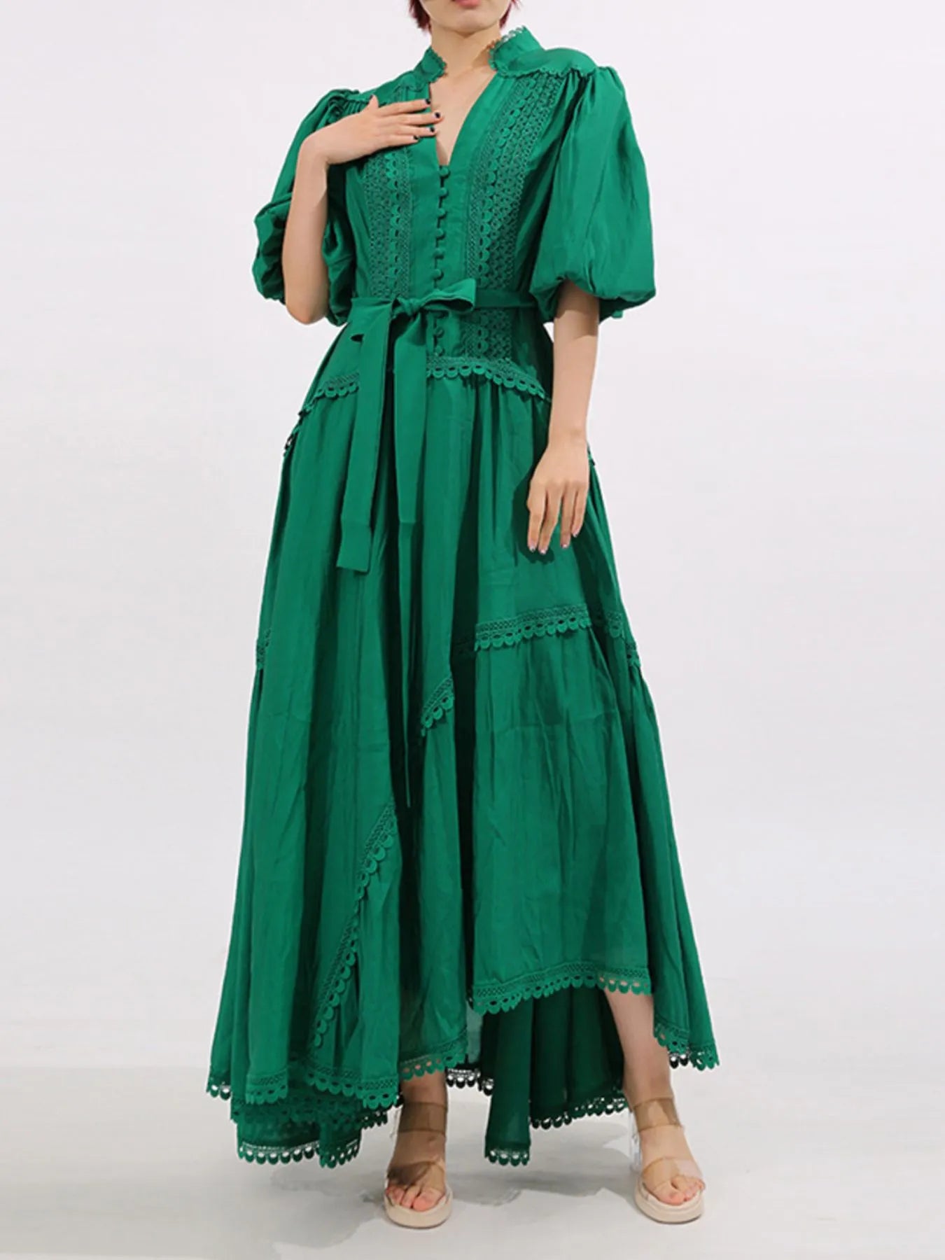 Lace Detail Notched Puff Sleeve Maxi Dress - TrendNest