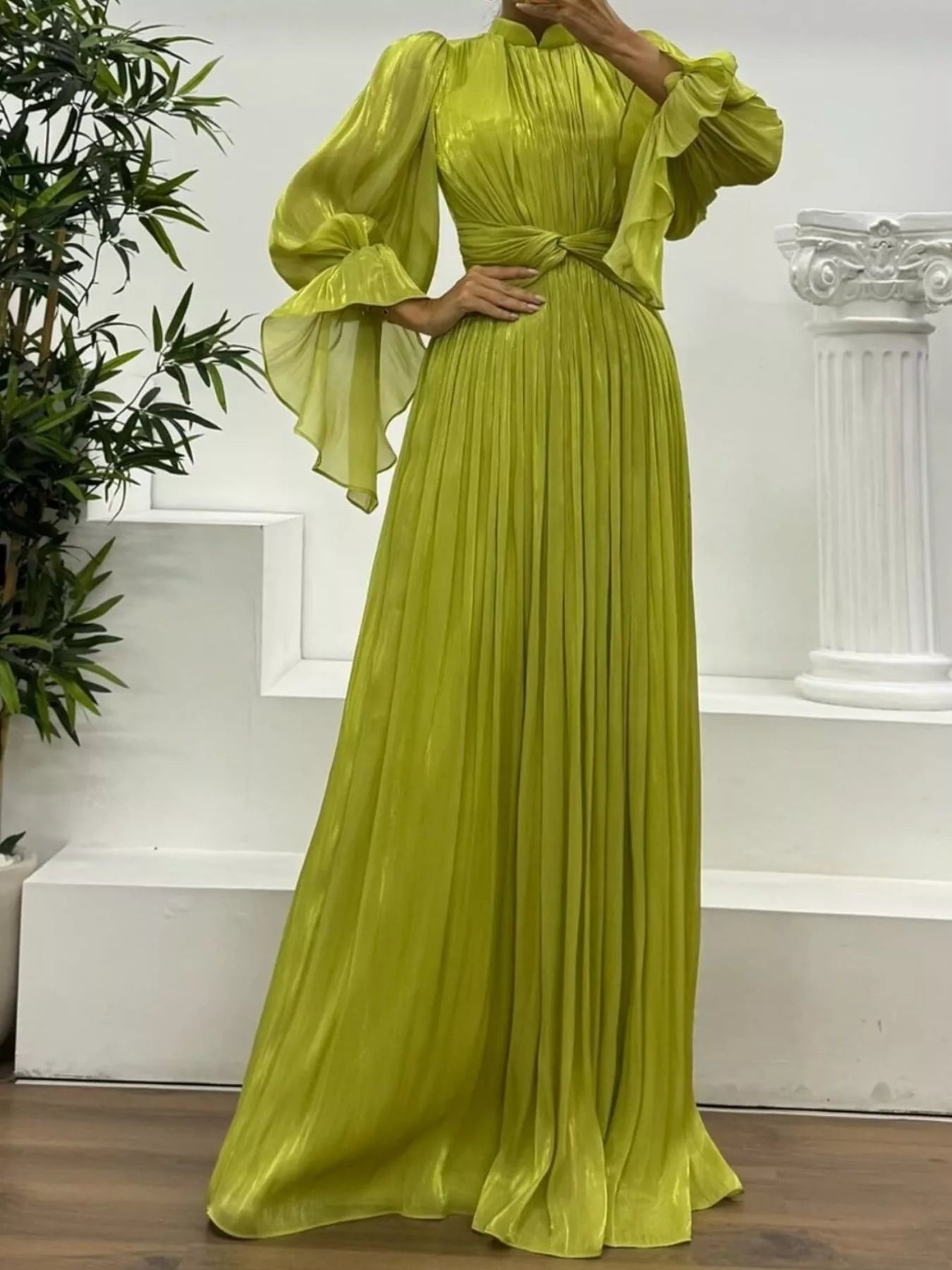 Pleated Mock Neck Long Sleeve Maxi Dress - TrendNest