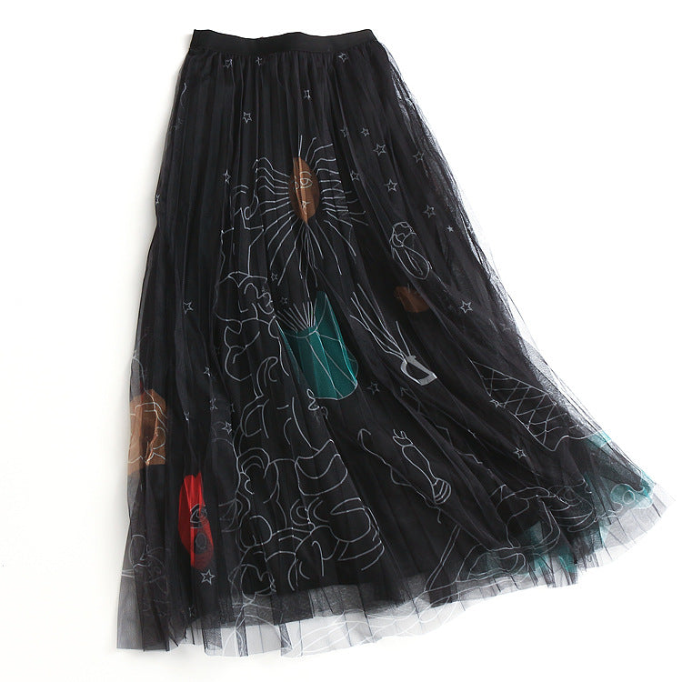 High-Waisted A-Line Floral Tulle Midi Skirt for Women
