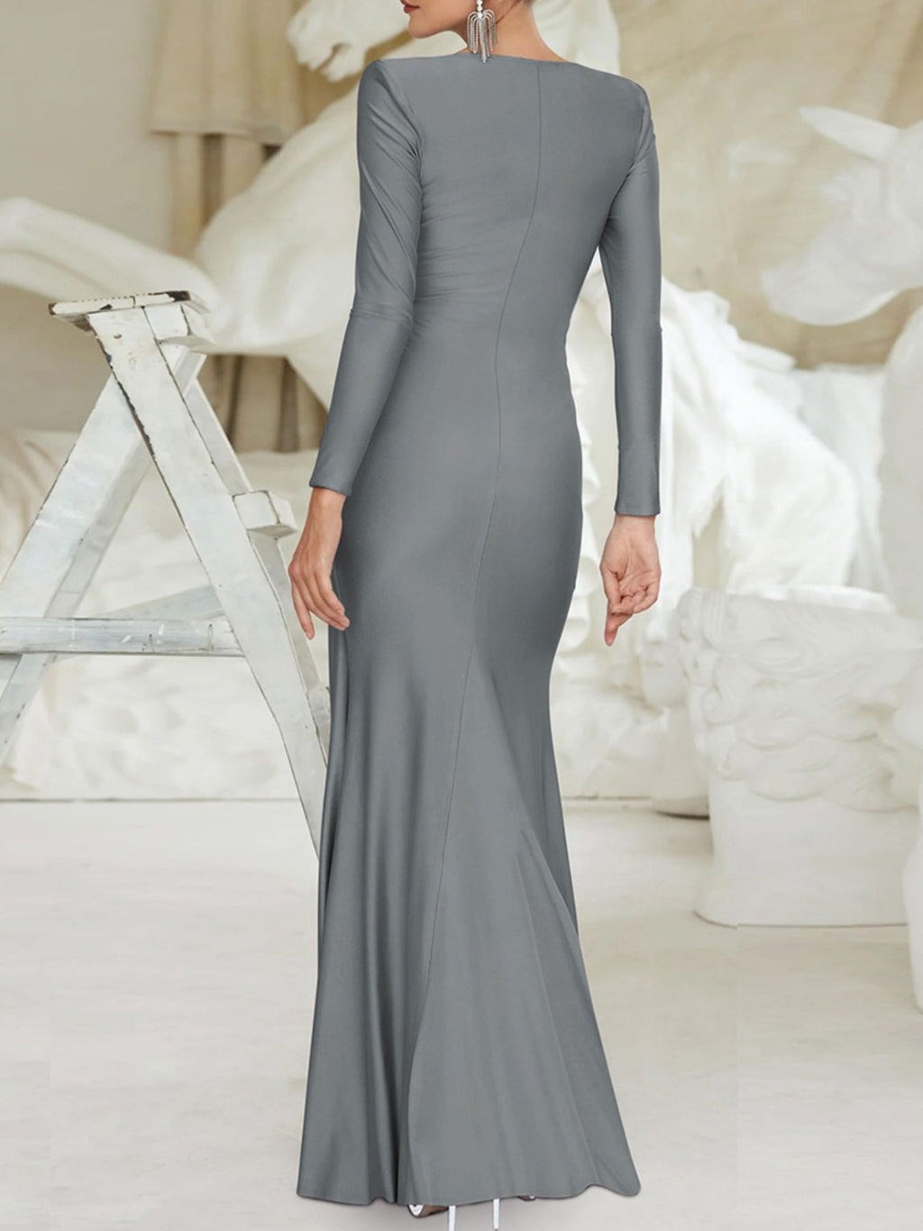 Ruched Knot Front Long Sleeve Maxi Dress - TrendNest
