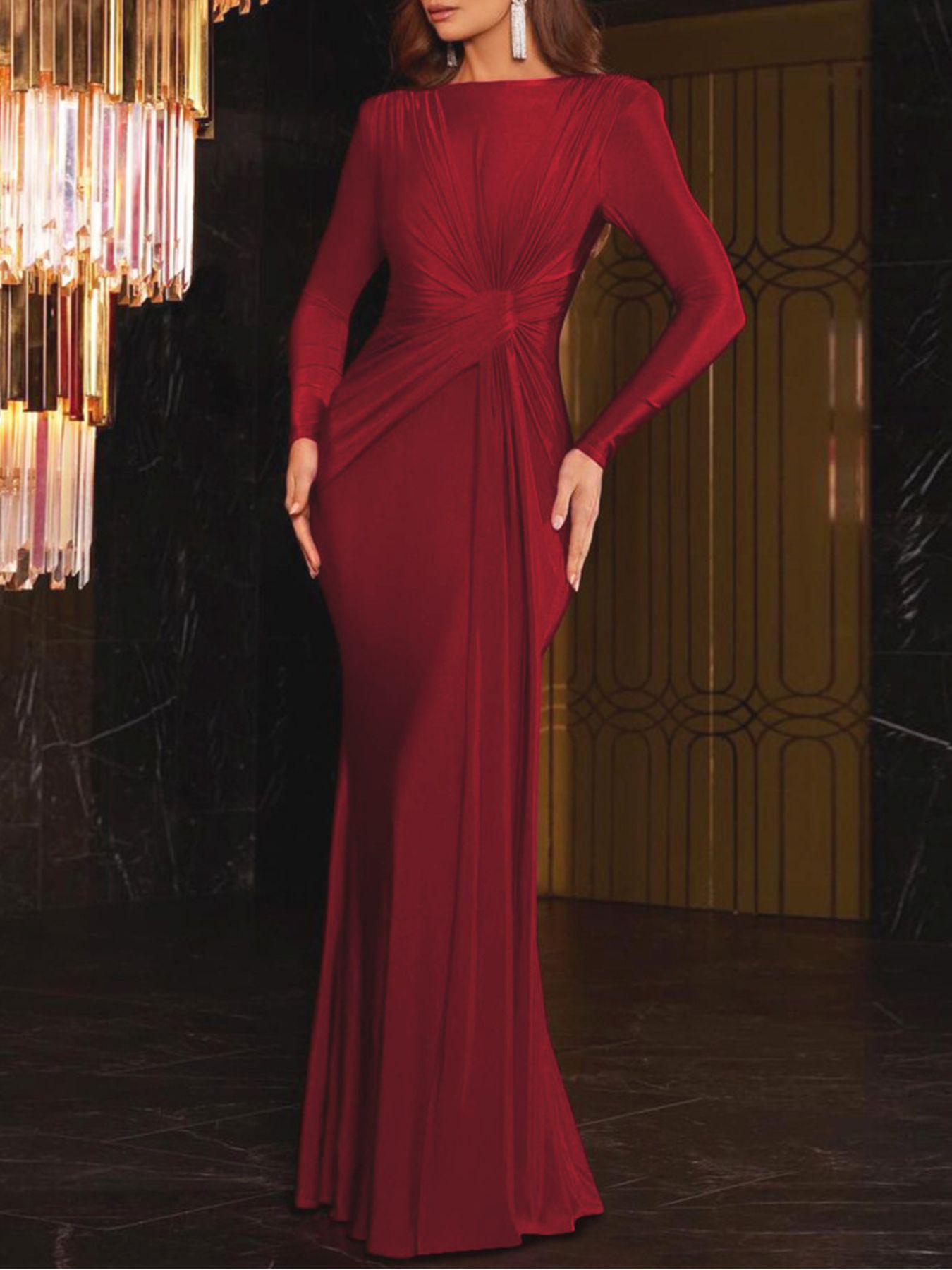Ruched Knot Front Long Sleeve Maxi Dress - TrendNest