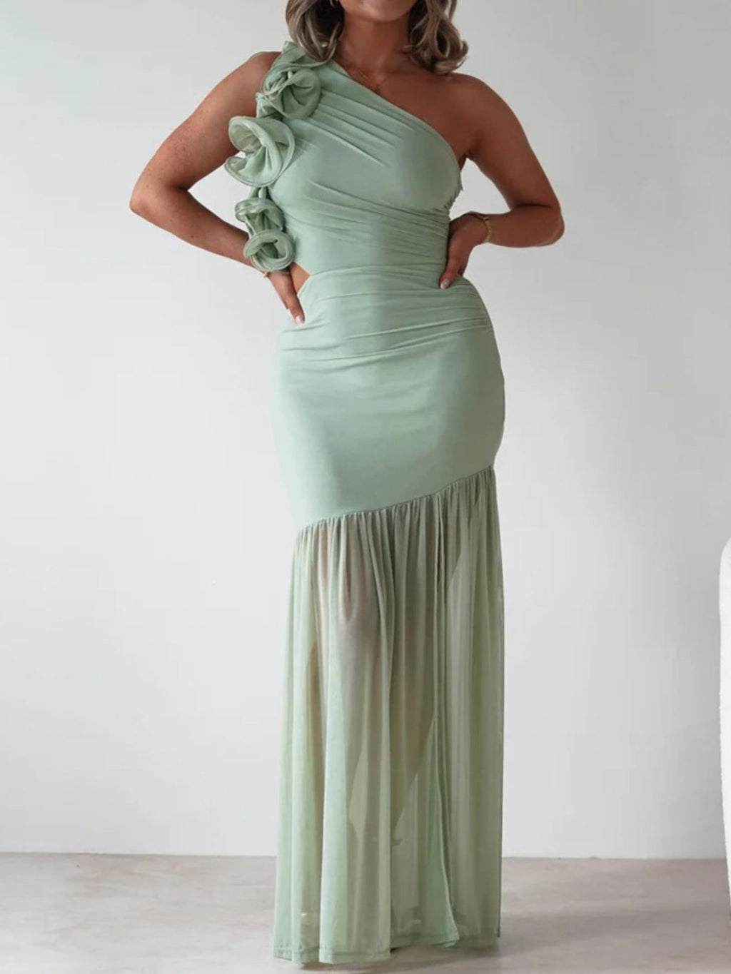 One - Shoulder Ruffle Trim Maxi Dress - TrendNest