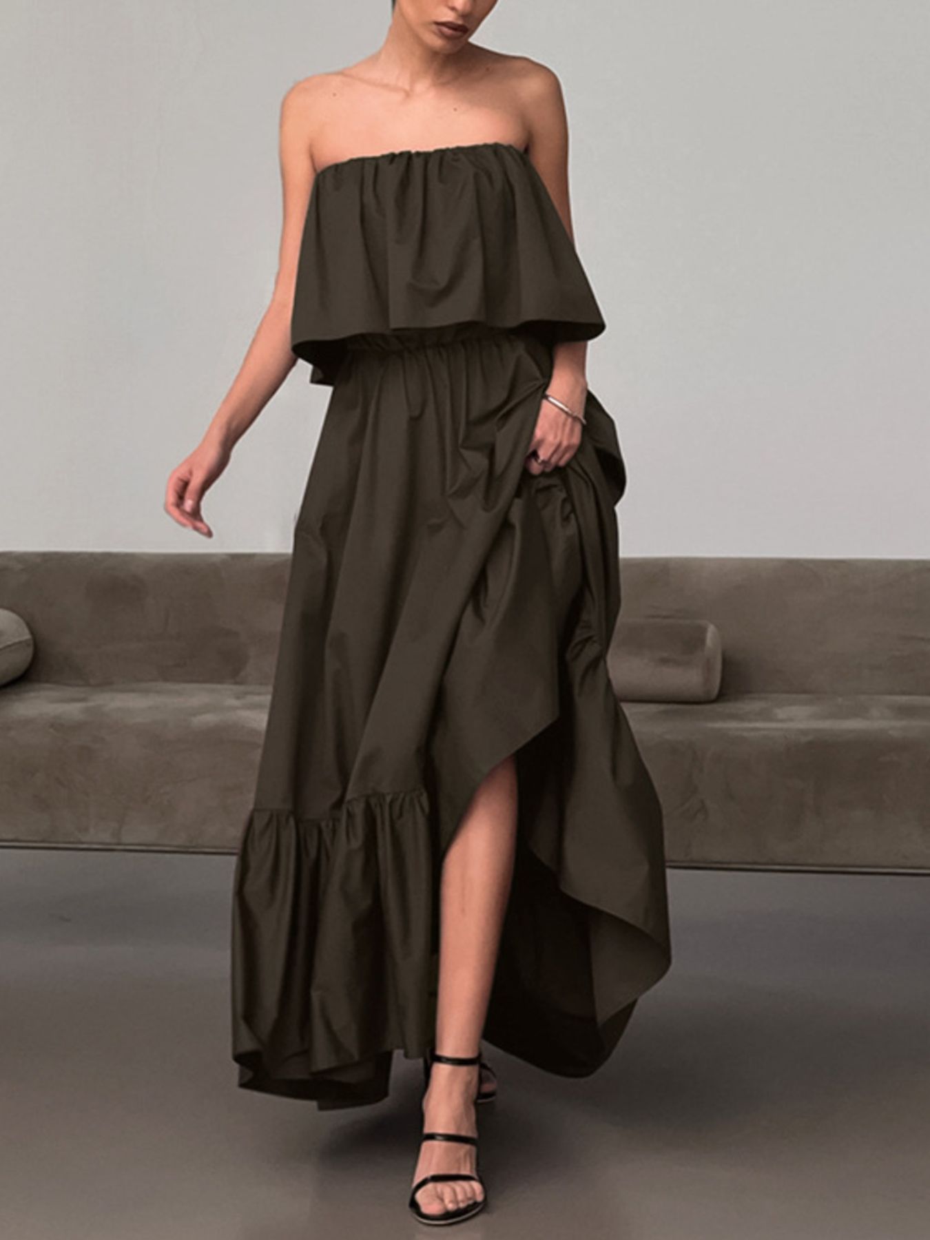 Off - Shoulder Ruffle Hem Maxi Dress - TrendNest
