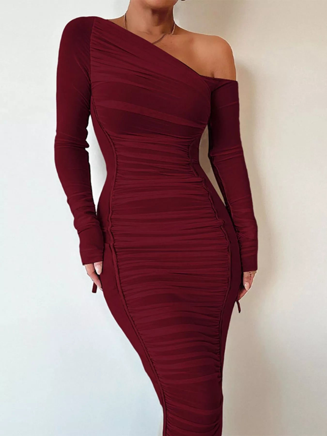 One - Shoulder Ruched Bodycon Midi Dress - TrendNest
