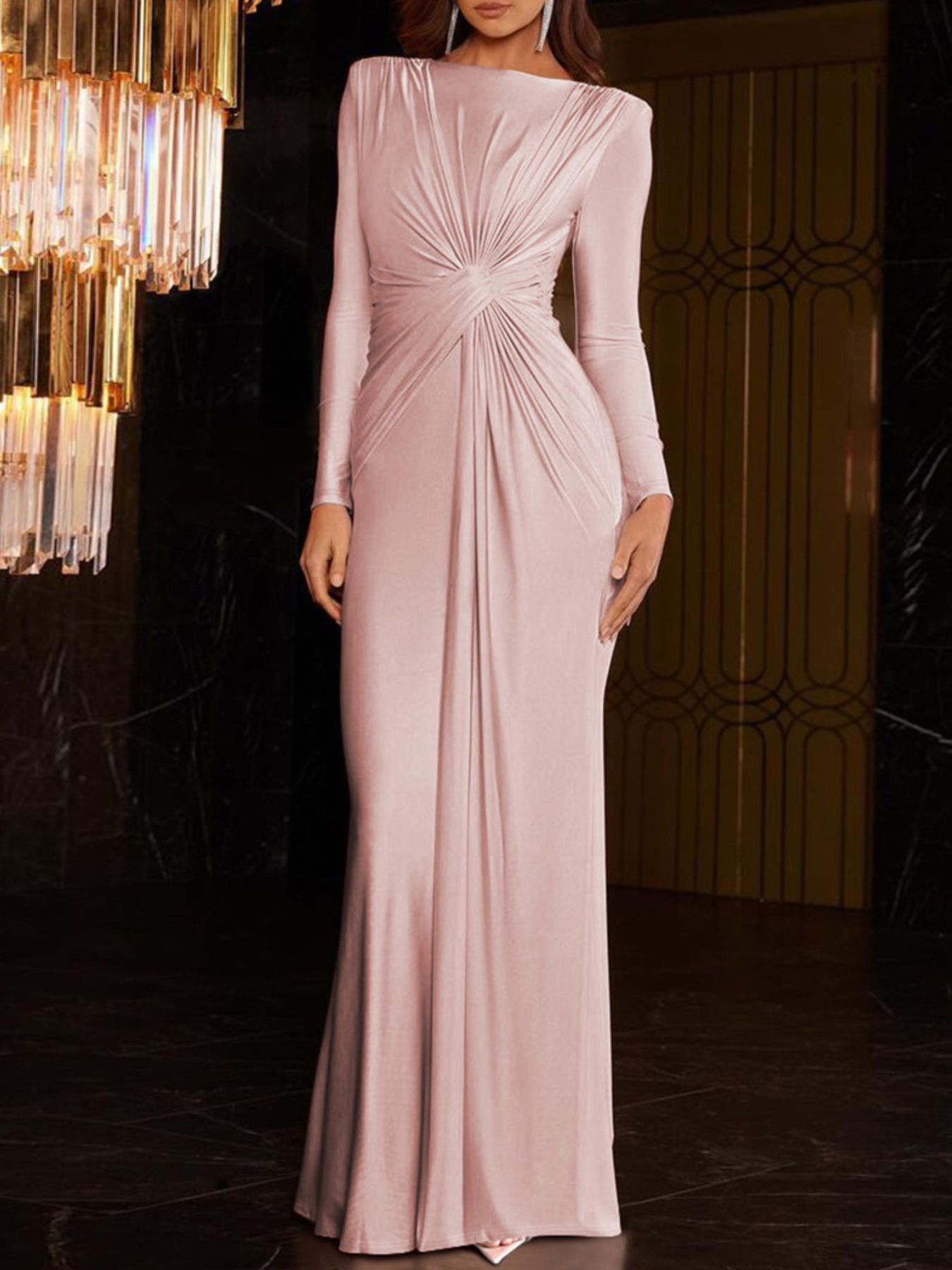 Ruched Knot Front Long Sleeve Maxi Dress - TrendNest