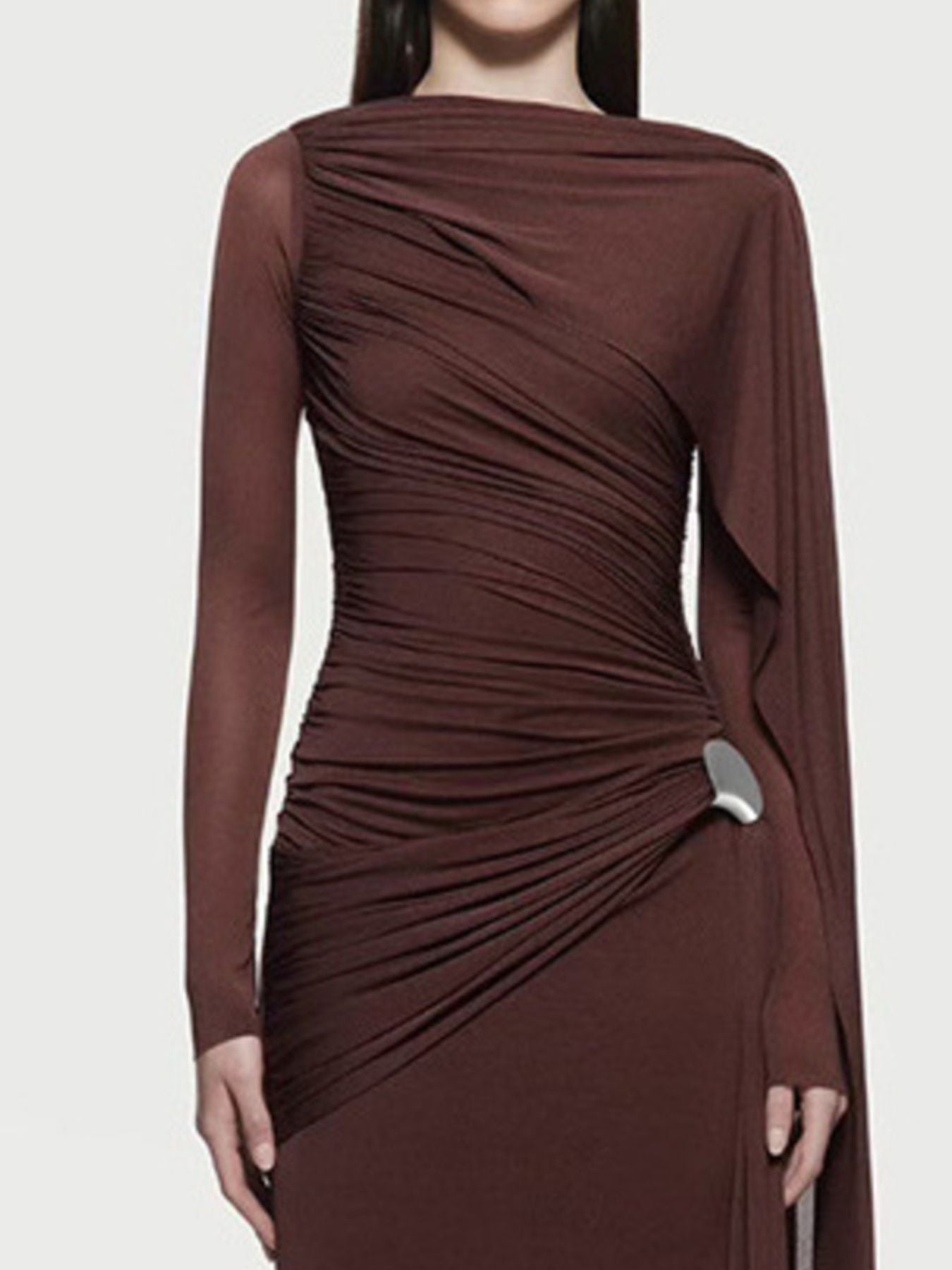 Ruched Draped Long Sleeve Maxi Dress - TrendNest