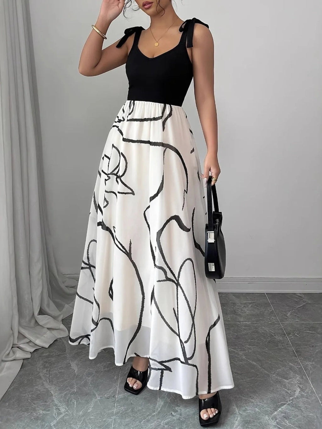 Tie Shoulder V - Neck Maxi Dress - TrendNest