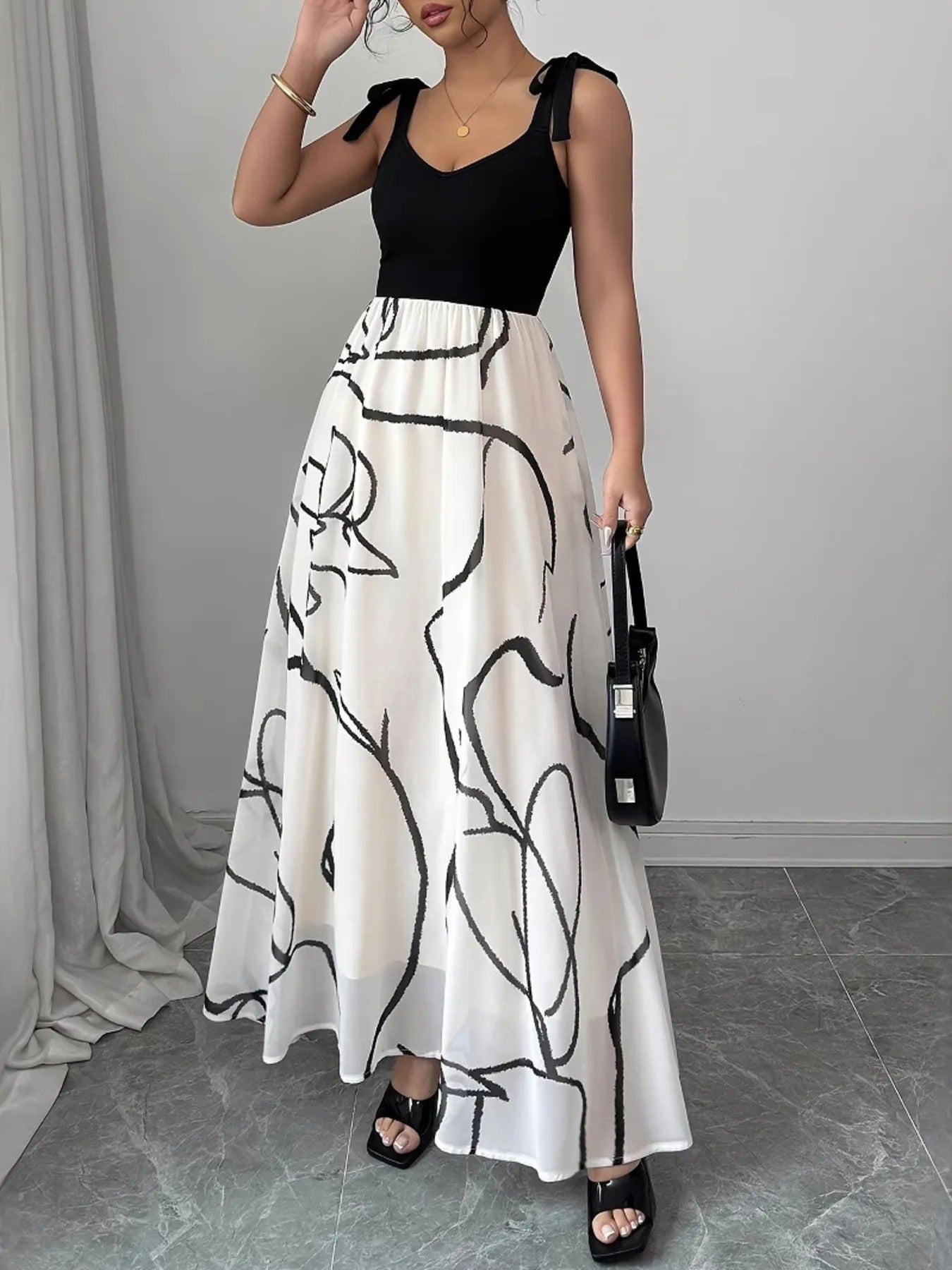 Tie Shoulder V - Neck Maxi Dress - TrendNest