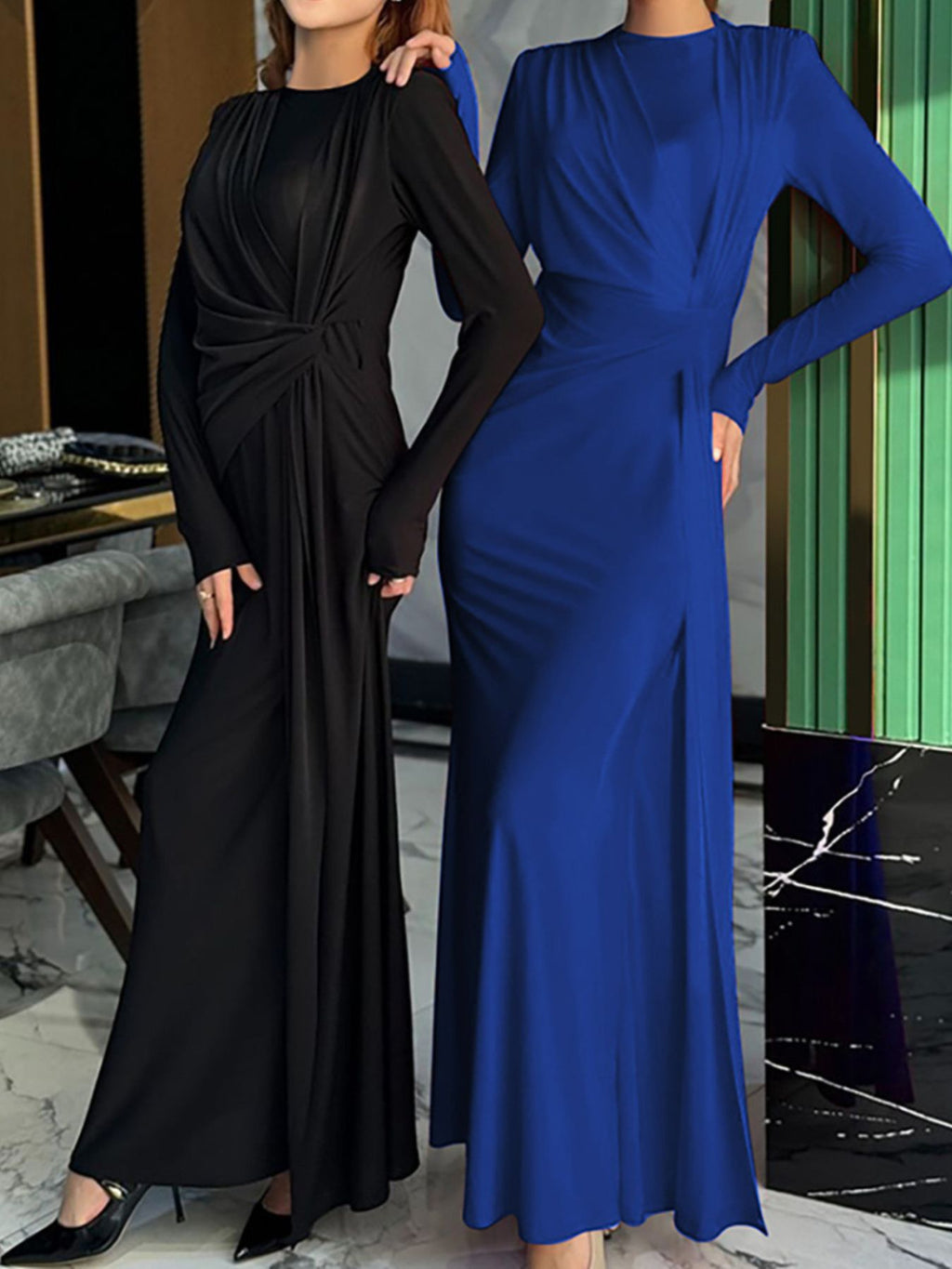 Ruched Knot Front Long Sleeve Maxi Dress - TrendNest