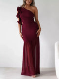 One - Shoulder Ruffle Trim Maxi Dress - TrendNest