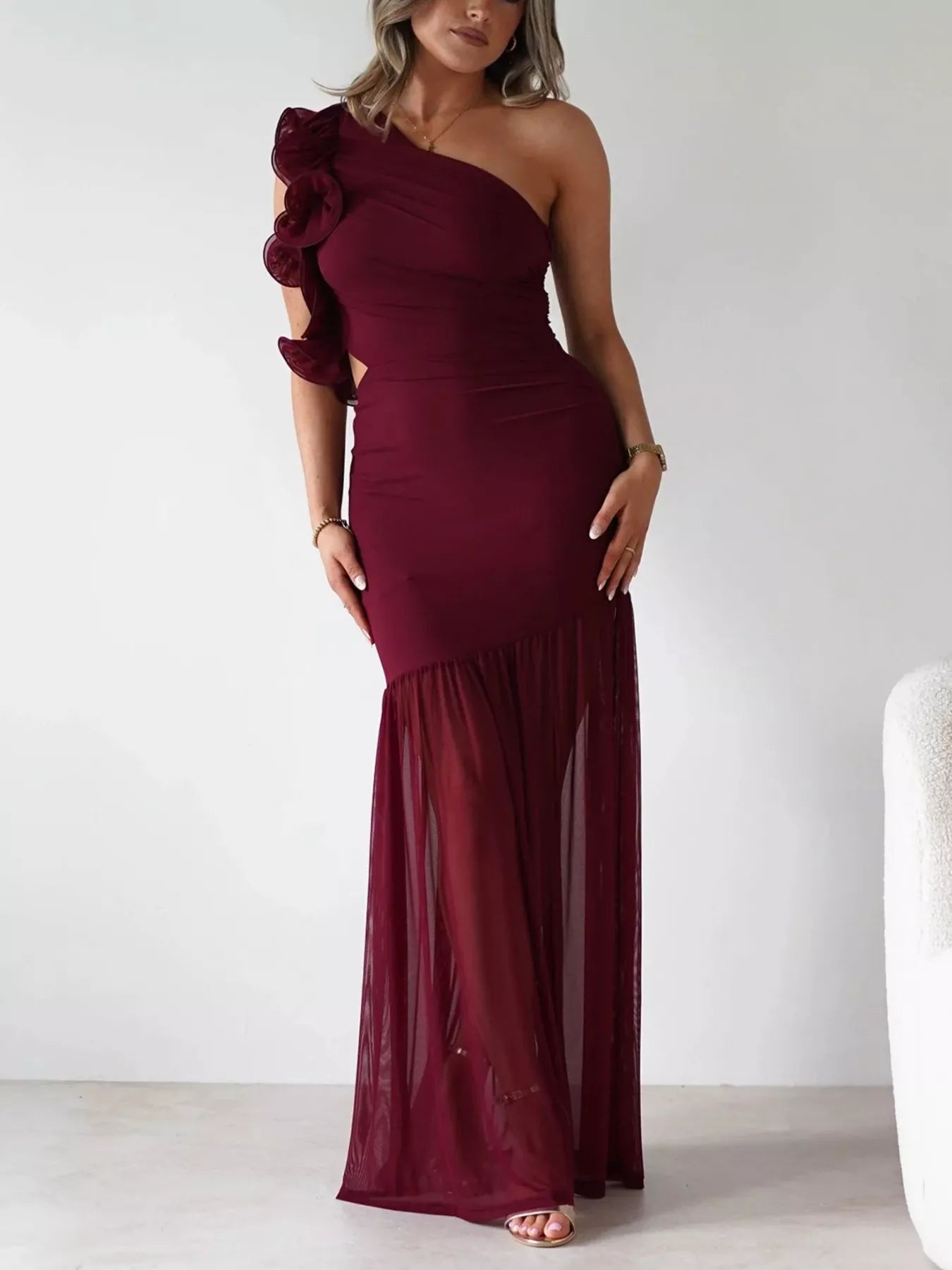 One - Shoulder Ruffle Trim Maxi Dress - TrendNest