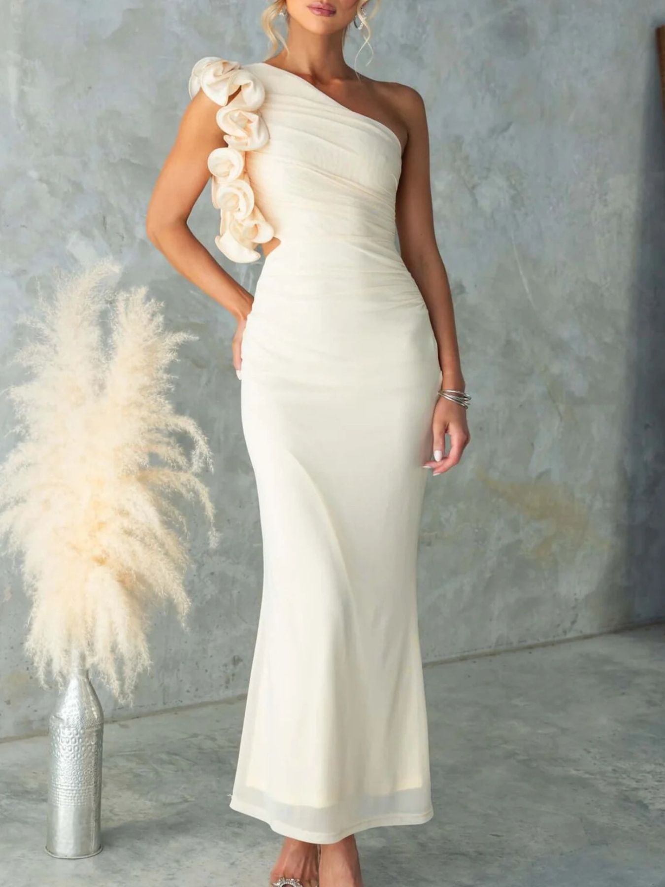 One - Shoulder Floral Trim Sleeveless Maxi Dress - TrendNest