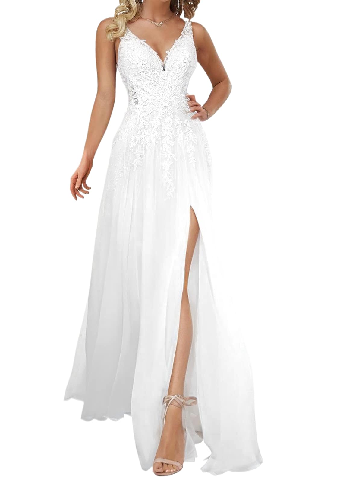RRYNUMAOL V Neck Wedding Dress for Women 2024 Beach Bride Dresses Wedding Dress Chiffon Wedding Gowns for Bride White Size 16