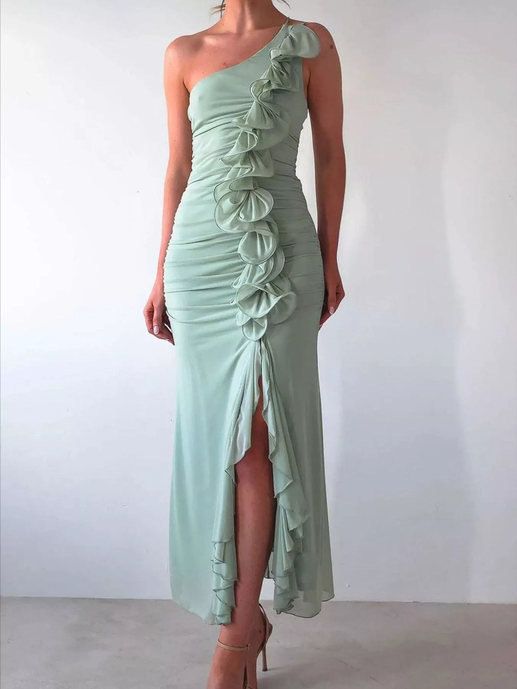 One - Shoulder Ruffle Slit Dress - TrendNest
