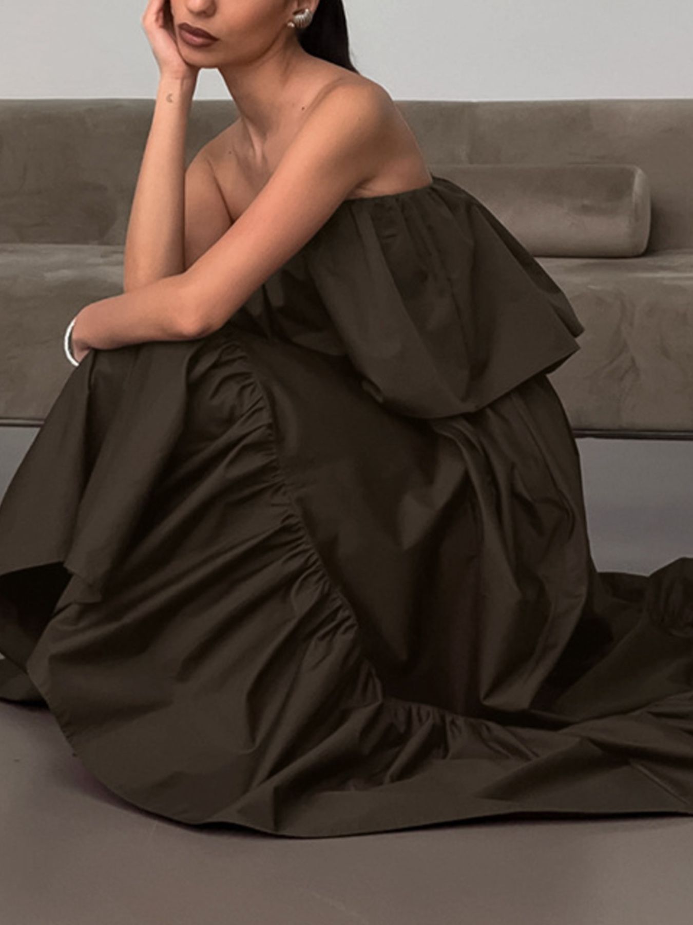 Off - Shoulder Ruffle Hem Maxi Dress - TrendNest