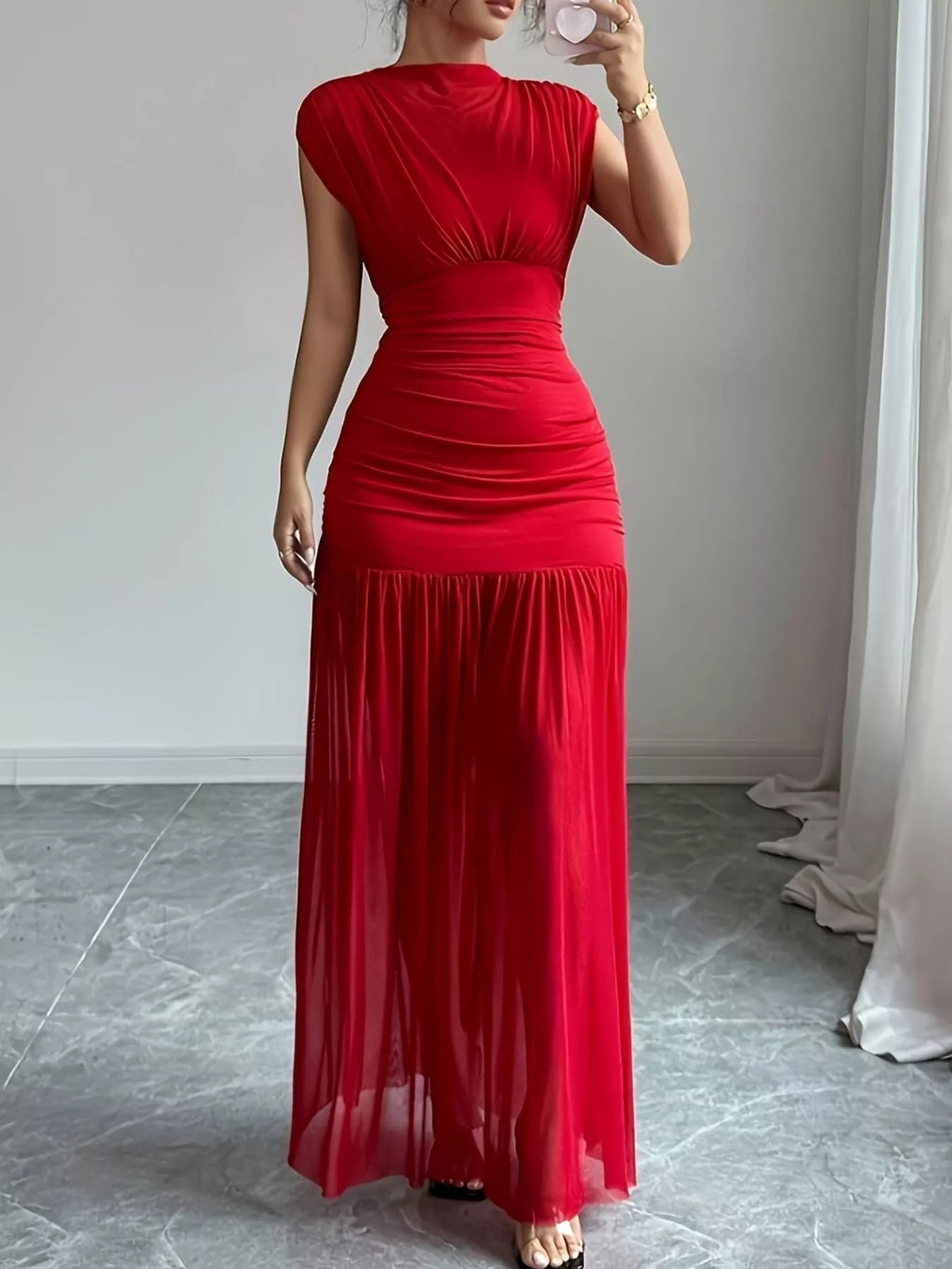 Ruched Cap Sleeve Maxi Dress - TrendNest