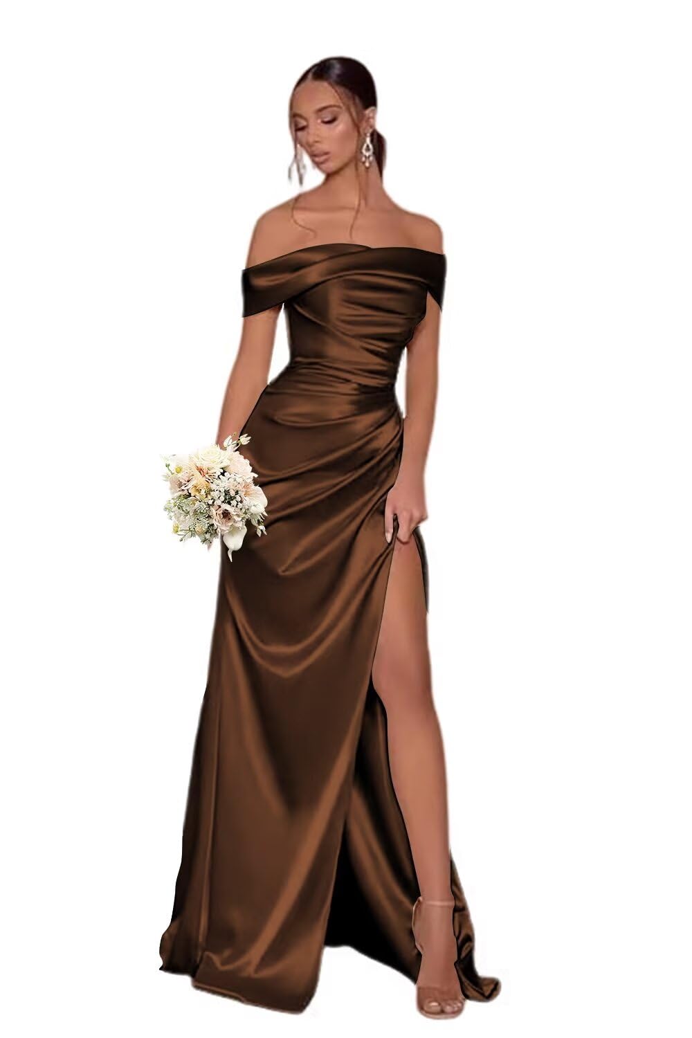 Tukomu Off The Shoulder Brown Bridesmaid Dresses with Split Satin Pleated Mermaid Long Bridesmaid Dress Size 12