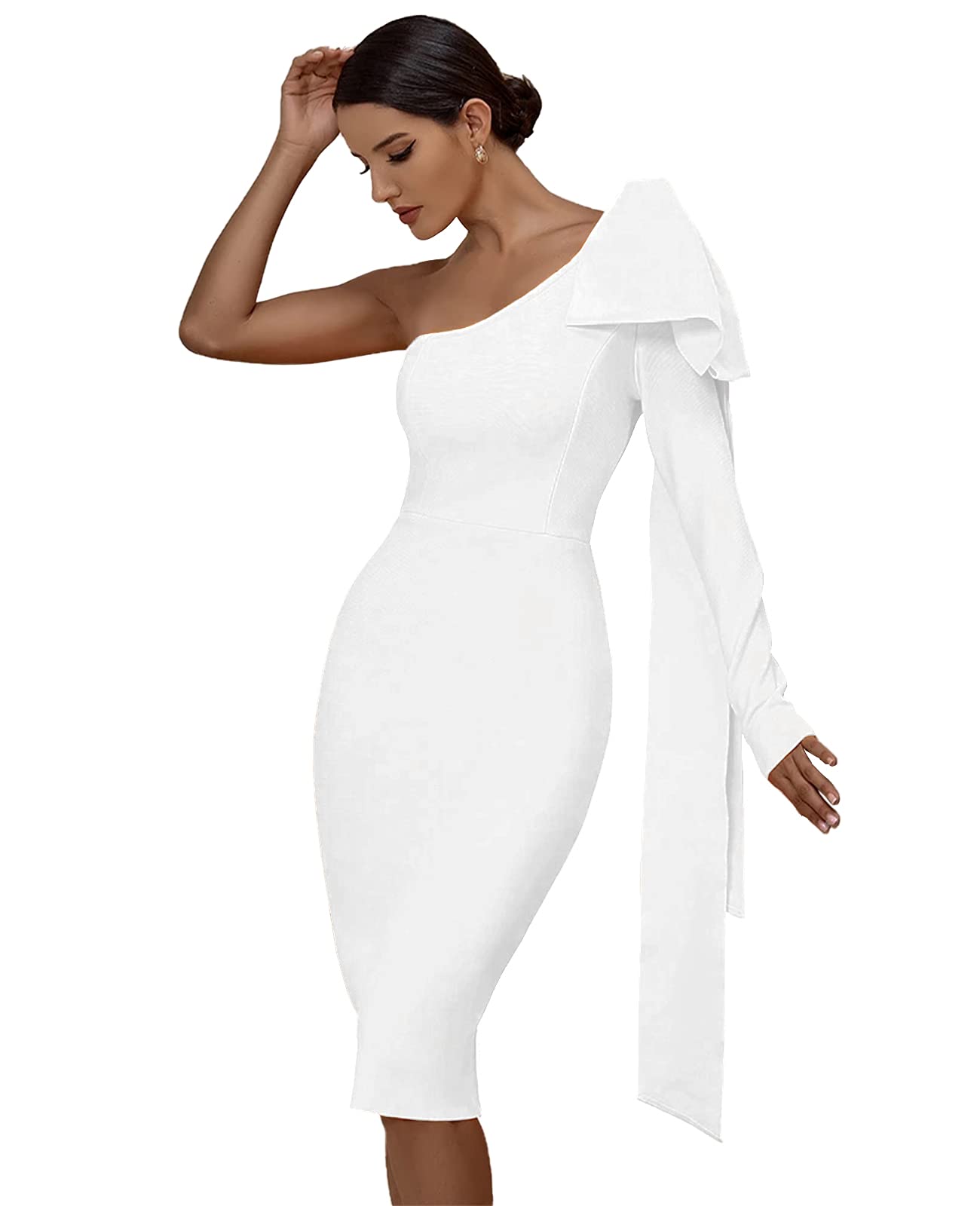 Maketina Womens One Shoulder Ruffle Long Sleeve Bandage Dress Club Cocktail Dresses White S
