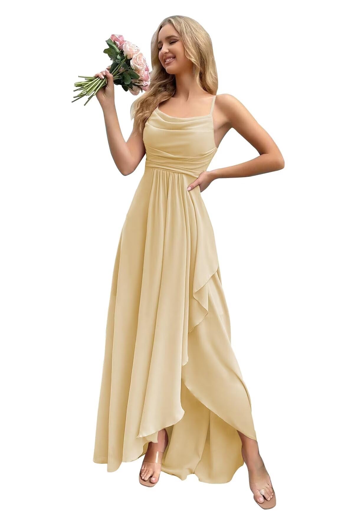 vintys Womens Spaghetti Straps Champagne Chiffon Bridesmaid Dresses Long with Pockets Pleated Bridesmaid Dress A Line Formal Evening Gowns with Slit Size 8