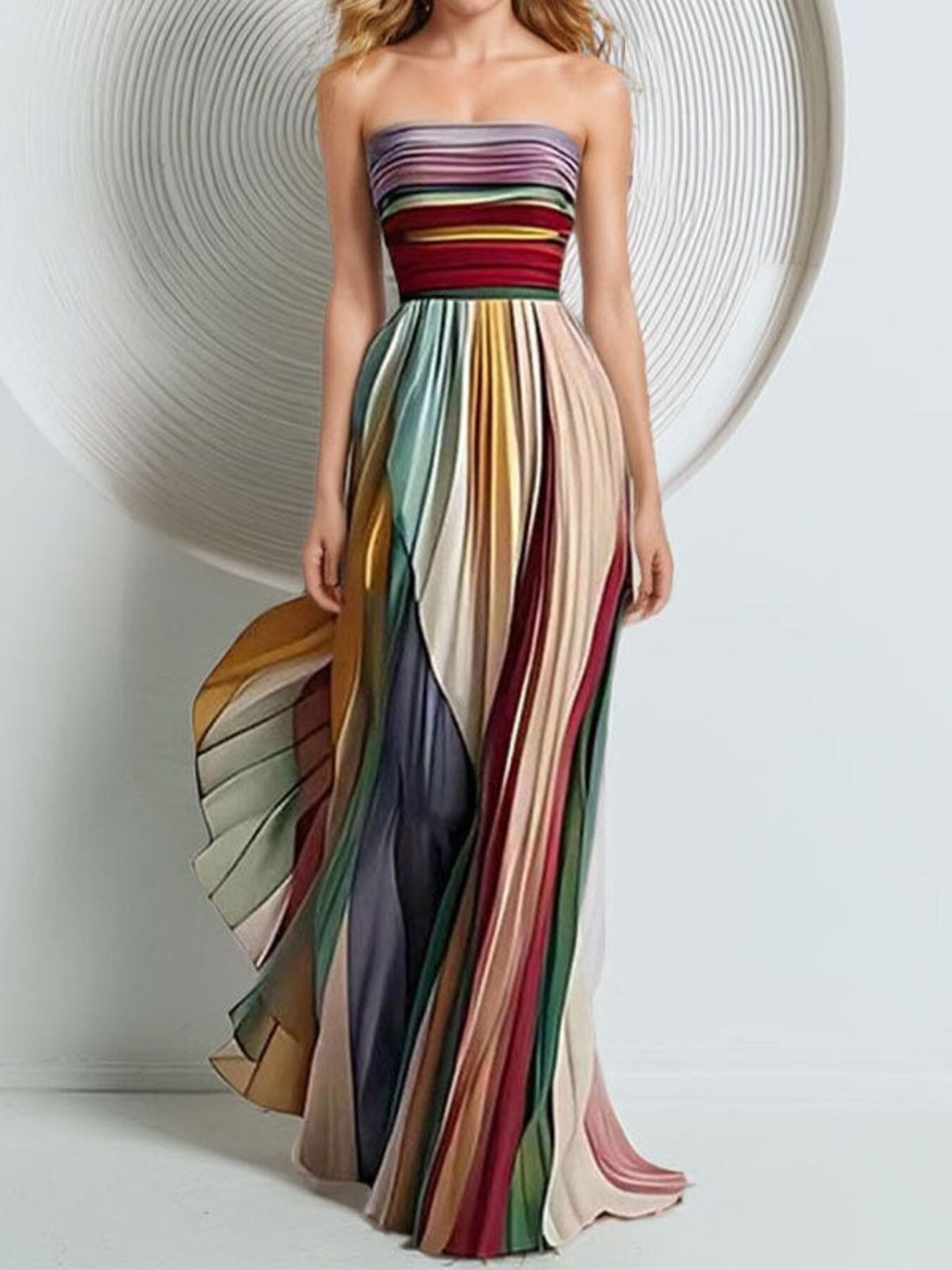 Striped Pleated Strapless Maxi Dress - TrendNest